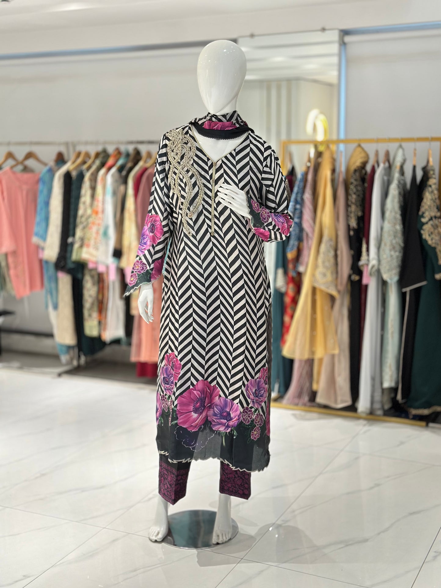 Silk Essence Printed Suit With hand embellishment