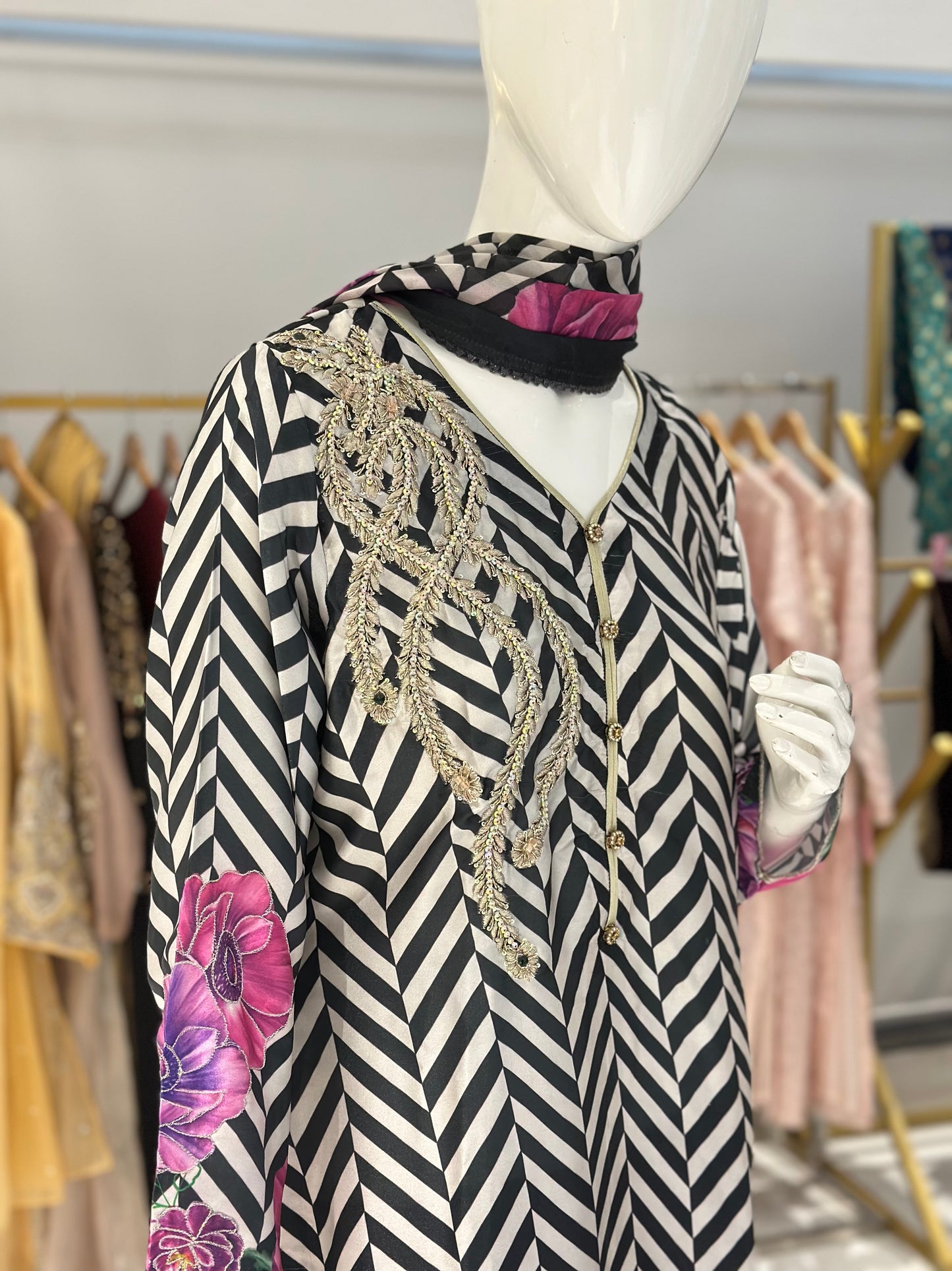 Silk Essence Printed Suit With hand embellishment