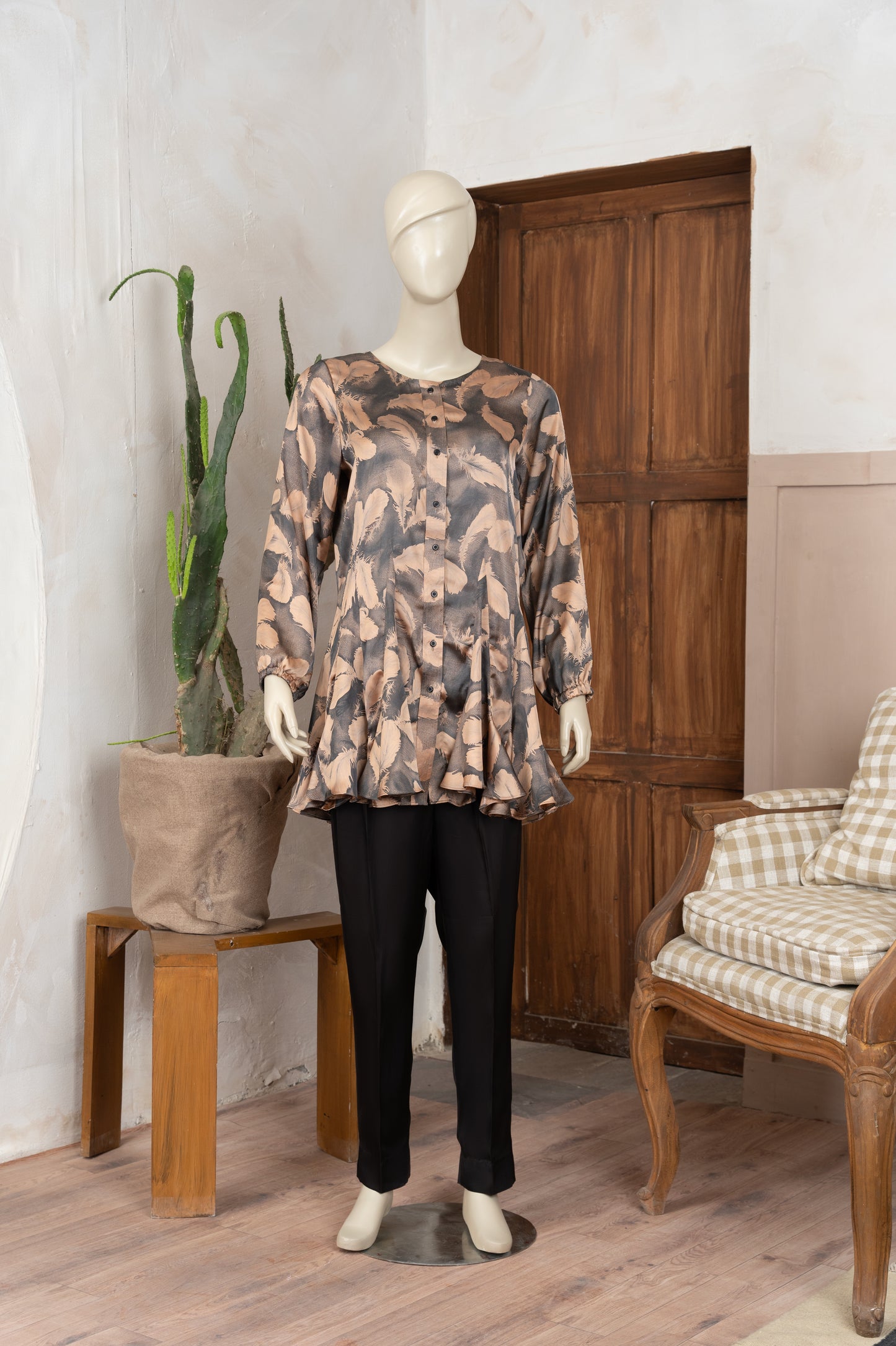 Beige and Charcoal Silk Shirt - Front Pose
