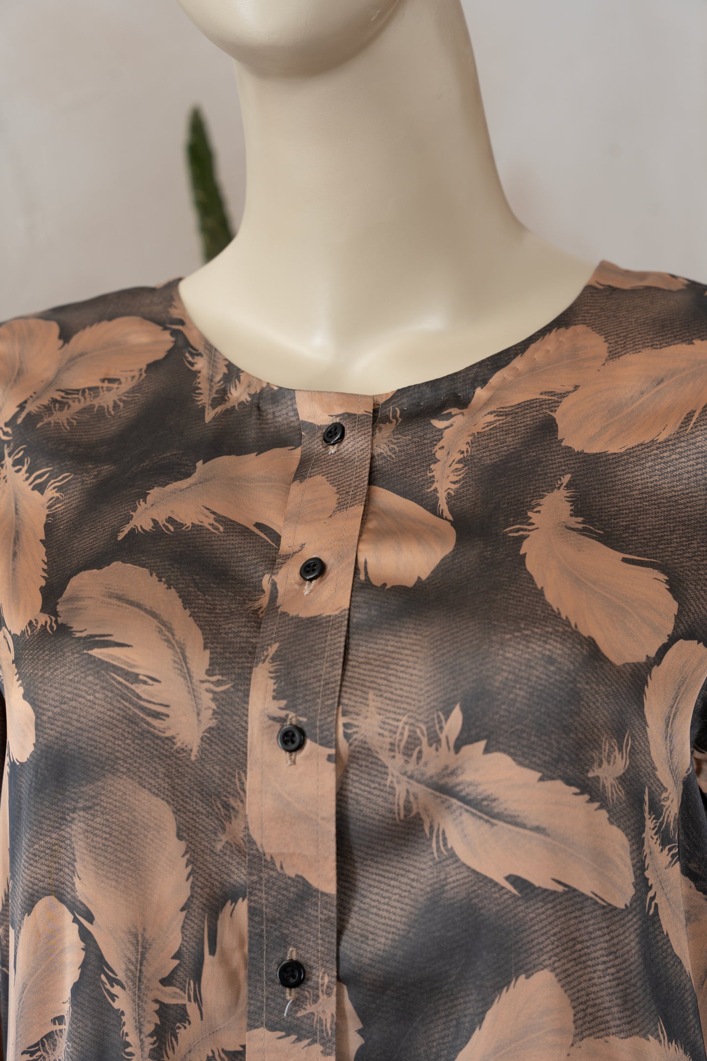 Beige and Charcoal Silk Shirt - Close Up Neck