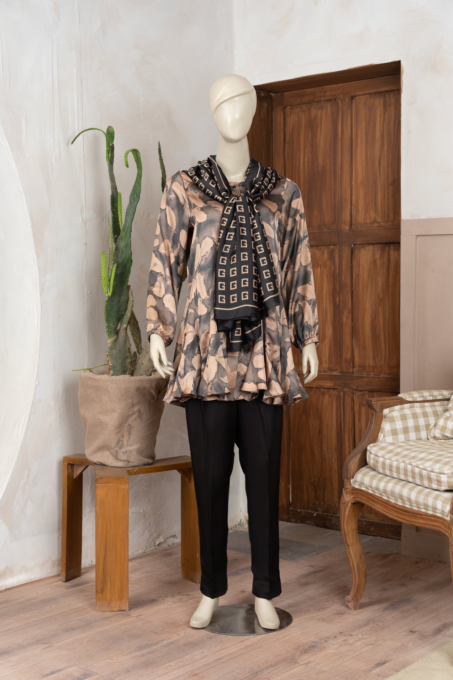 Beige and Charcoal Silk Shirt with Scarf - Front Pose