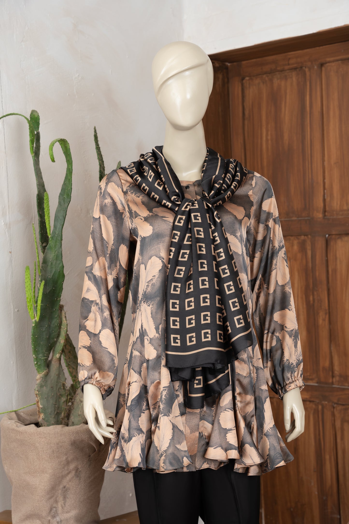 Beige and Charcoal Silk Shirt with Scarf - Close Up Three Quarter