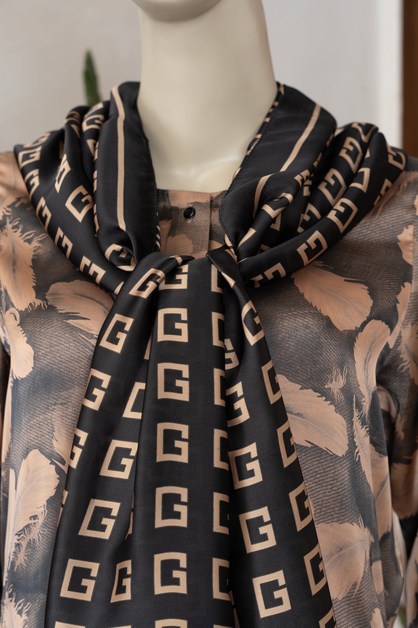 Beige and Charcoal Silk Shirt with Scarf - Close Up Neck