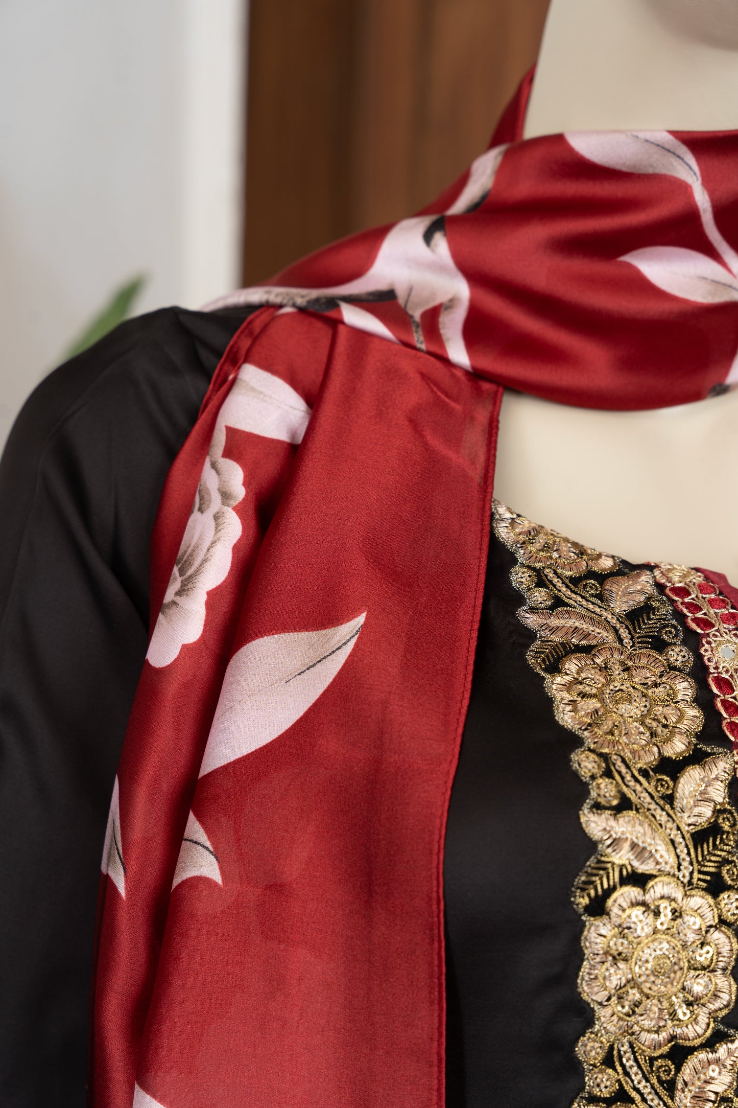 Black Cotton Shamoz Suit with Scarf - Close Up Neck