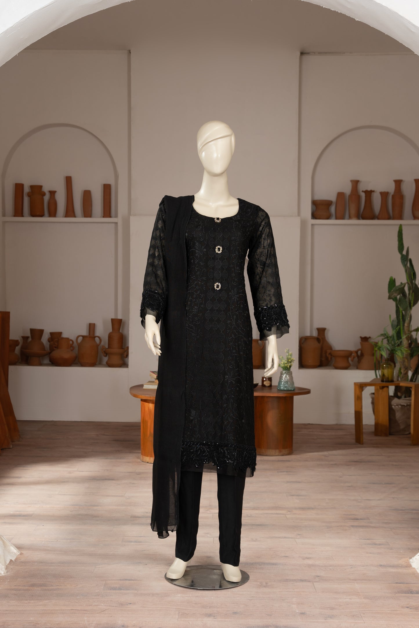 Black Embroidered Cotton Net Suit - Front Pose
