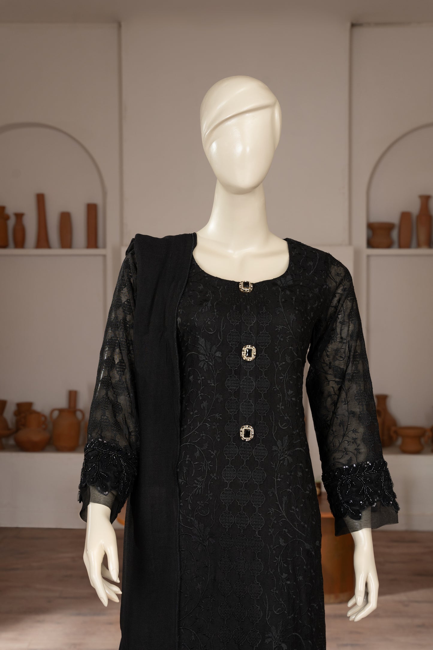 Black Embroidered Cotton Net Suit - Close Up Upper Half