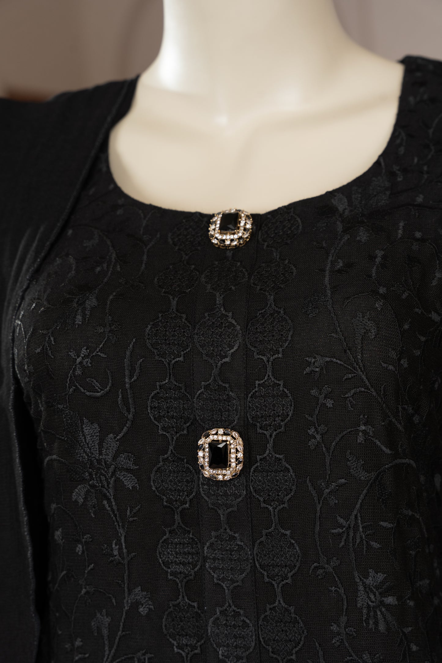 Black Embroidered Cotton Net Suit - Close Up Neck