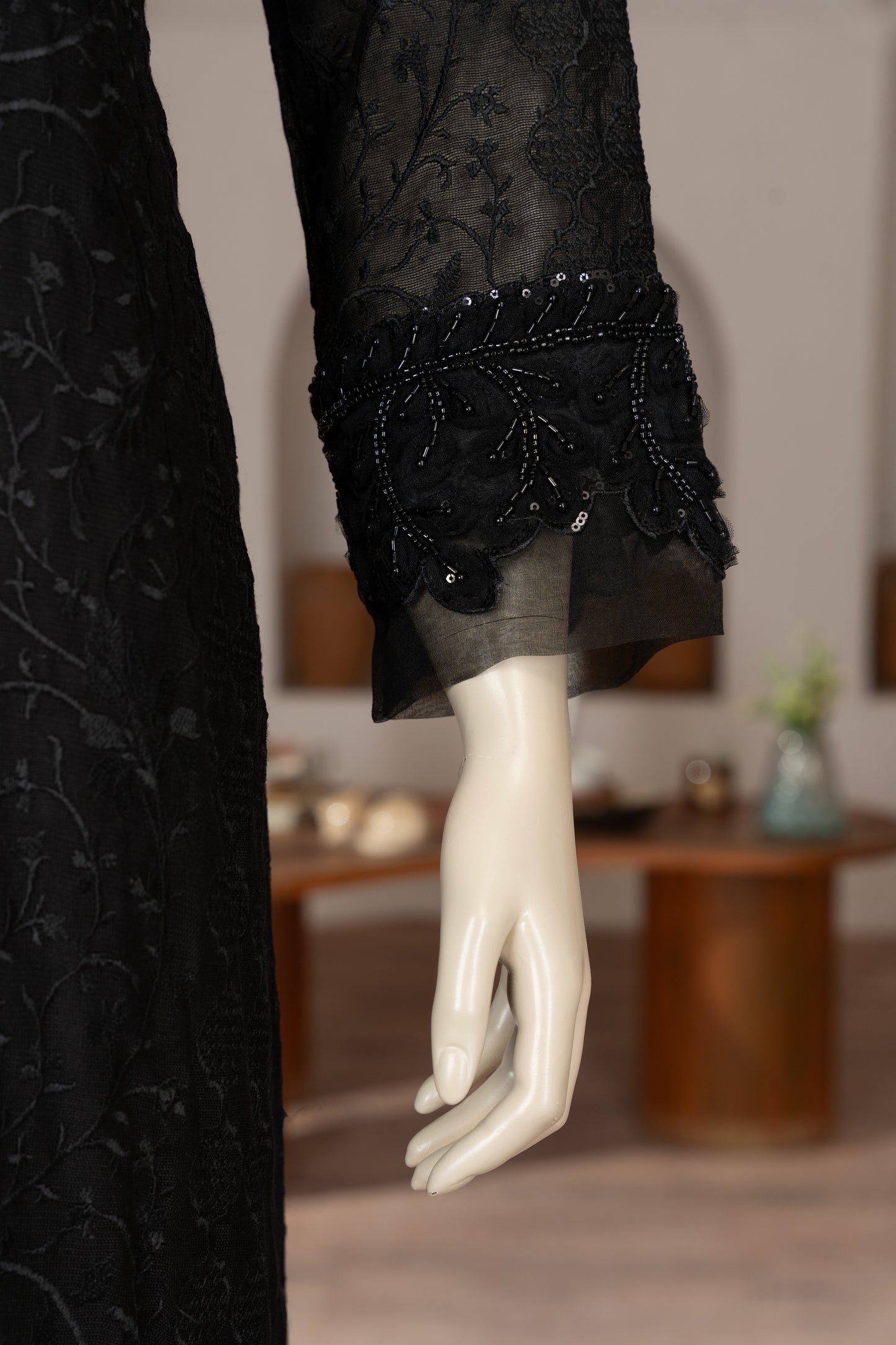 Black Embroidered Cotton Net Suit - Close Up Left Sleeve