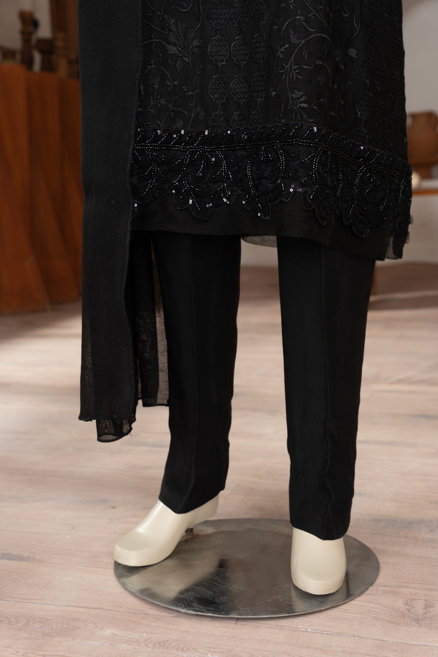 Black Embroidered Cotton Net Suit - Clsoe Up Lower Half