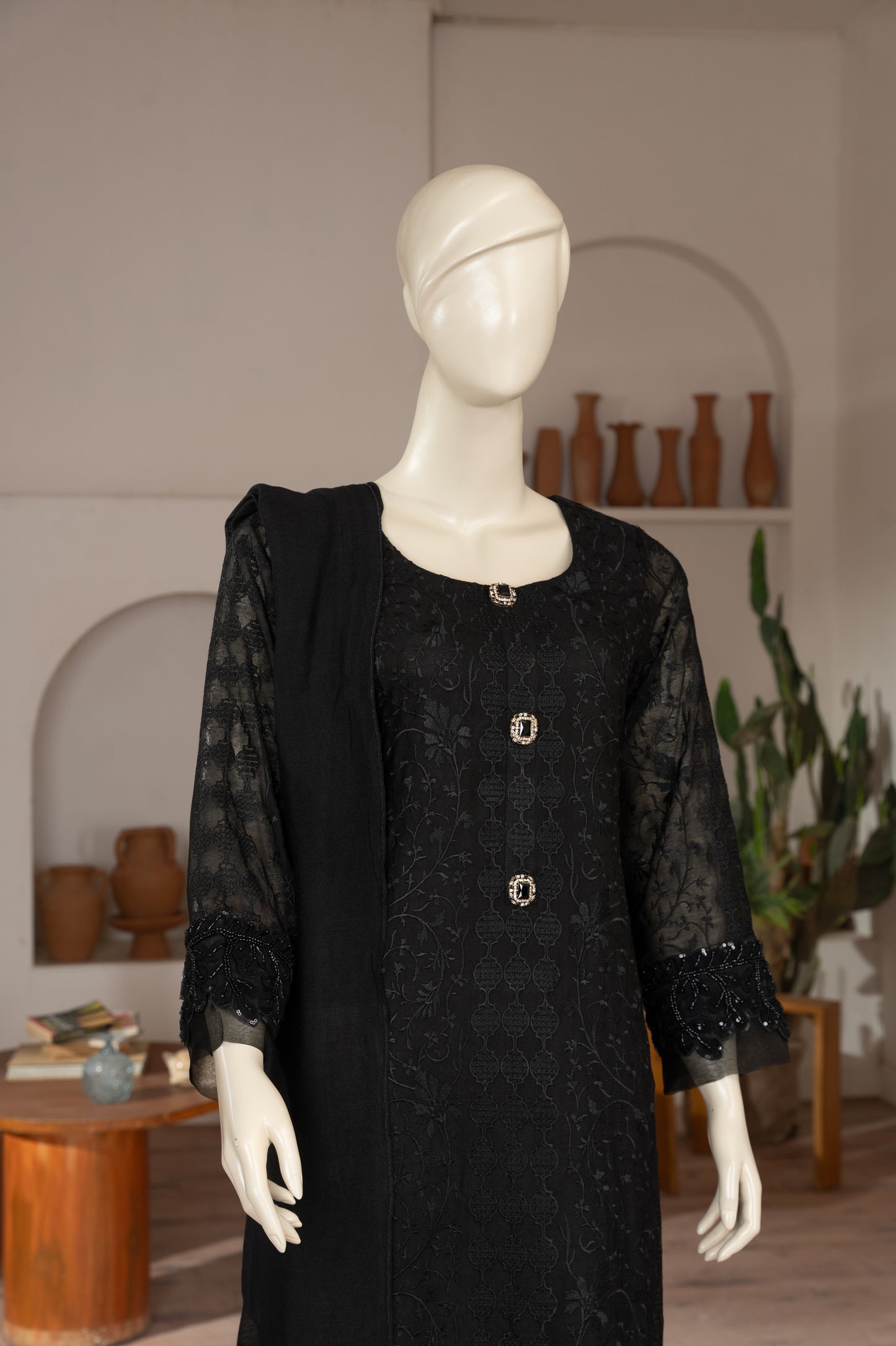 Black Embroidered Cotton Net Suit - Close Up Three Quarter