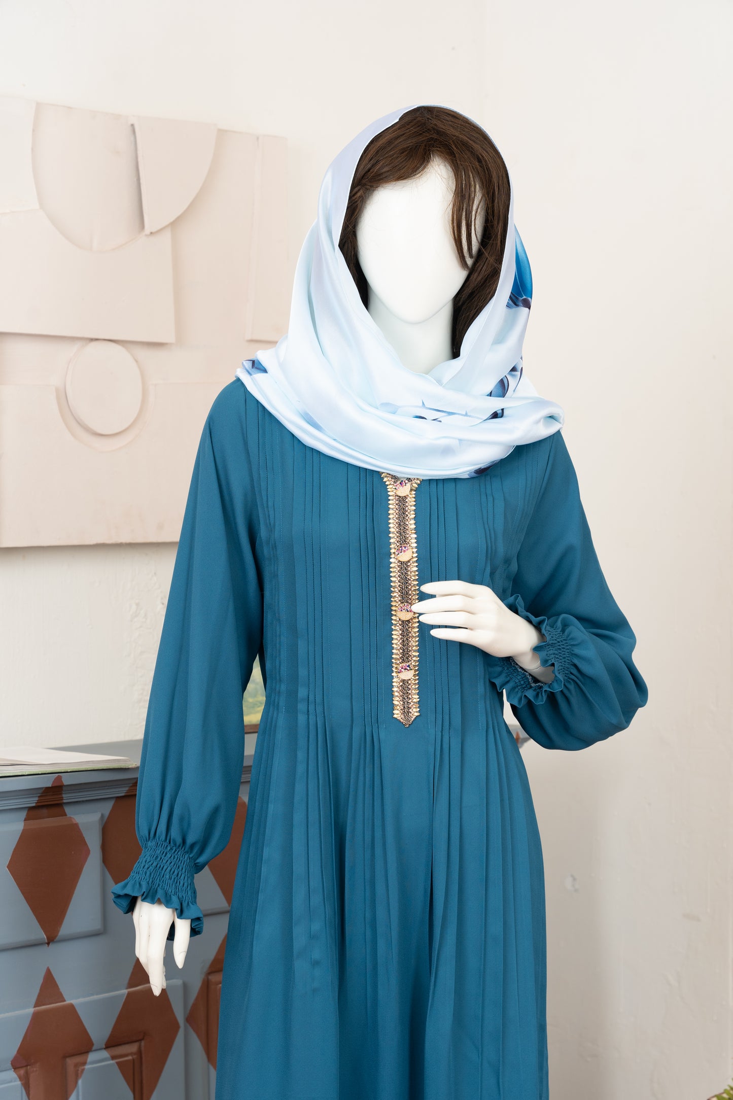 Cerulean Georgette Dress with Scarf - Close Up Three Quarter