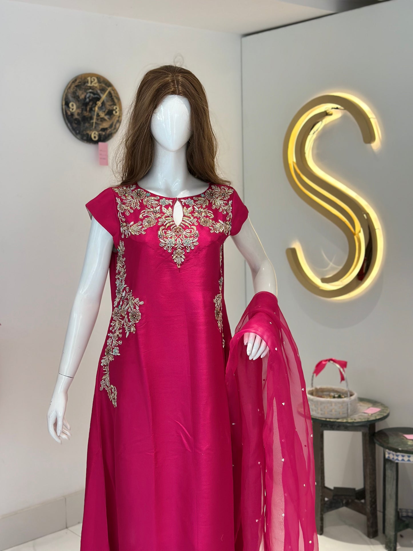 Hot Pink Pure Raw Silk Three Piece Suit