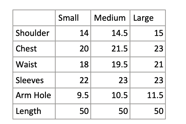 Dress Size Chart for measurement