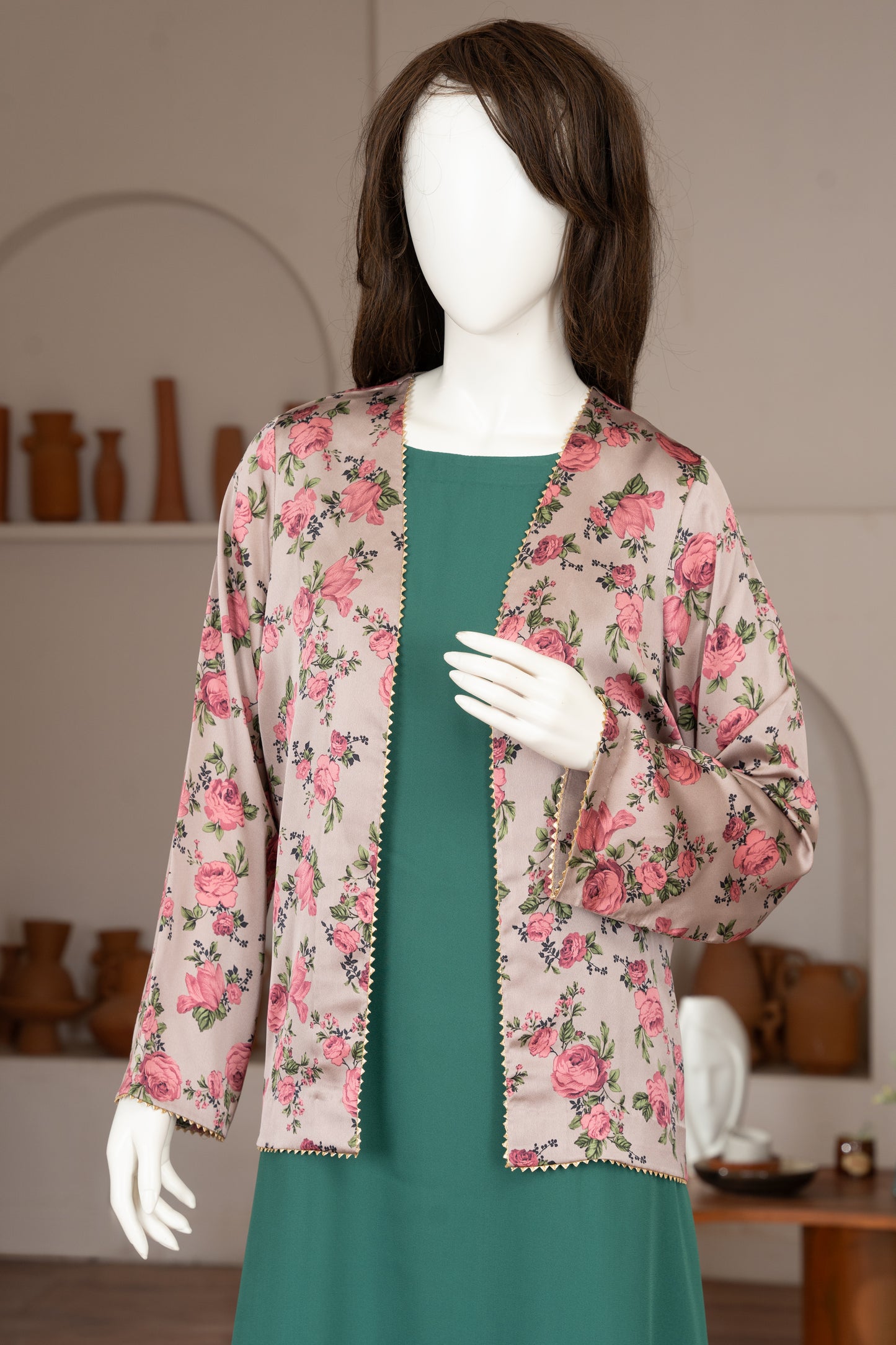 Green Georgette Dress with Silk Jacket - Front Pose Half