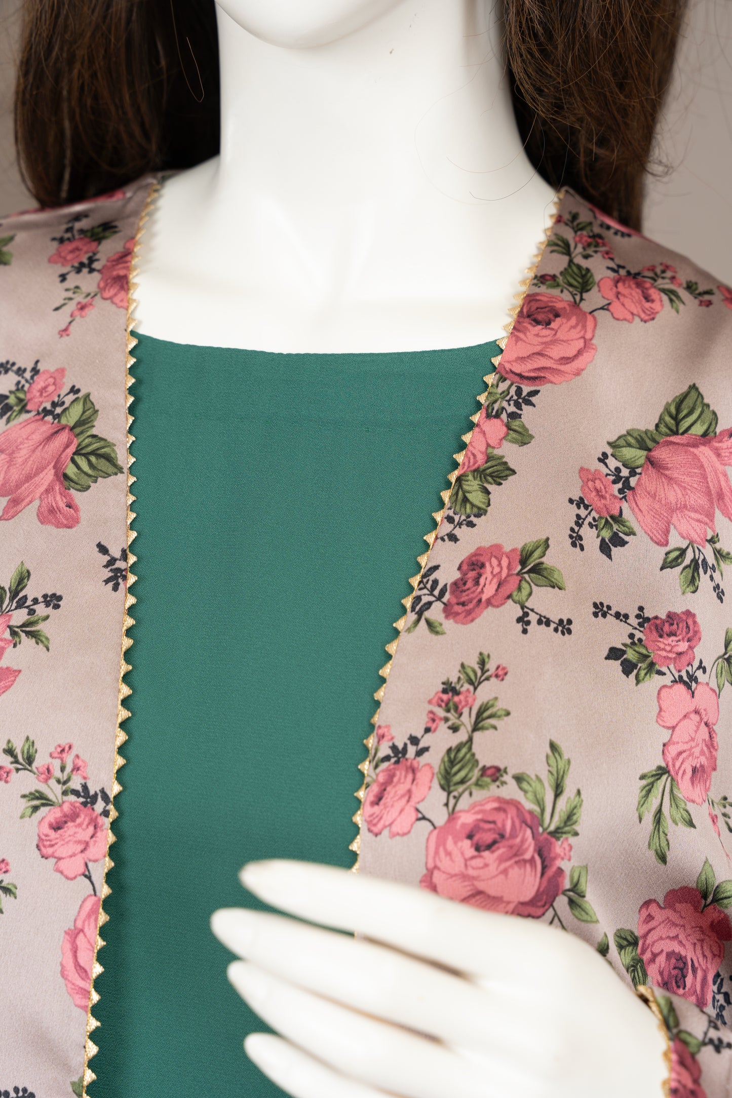 Green Georgette Dress with Silk Jacket - Close Up Upper
