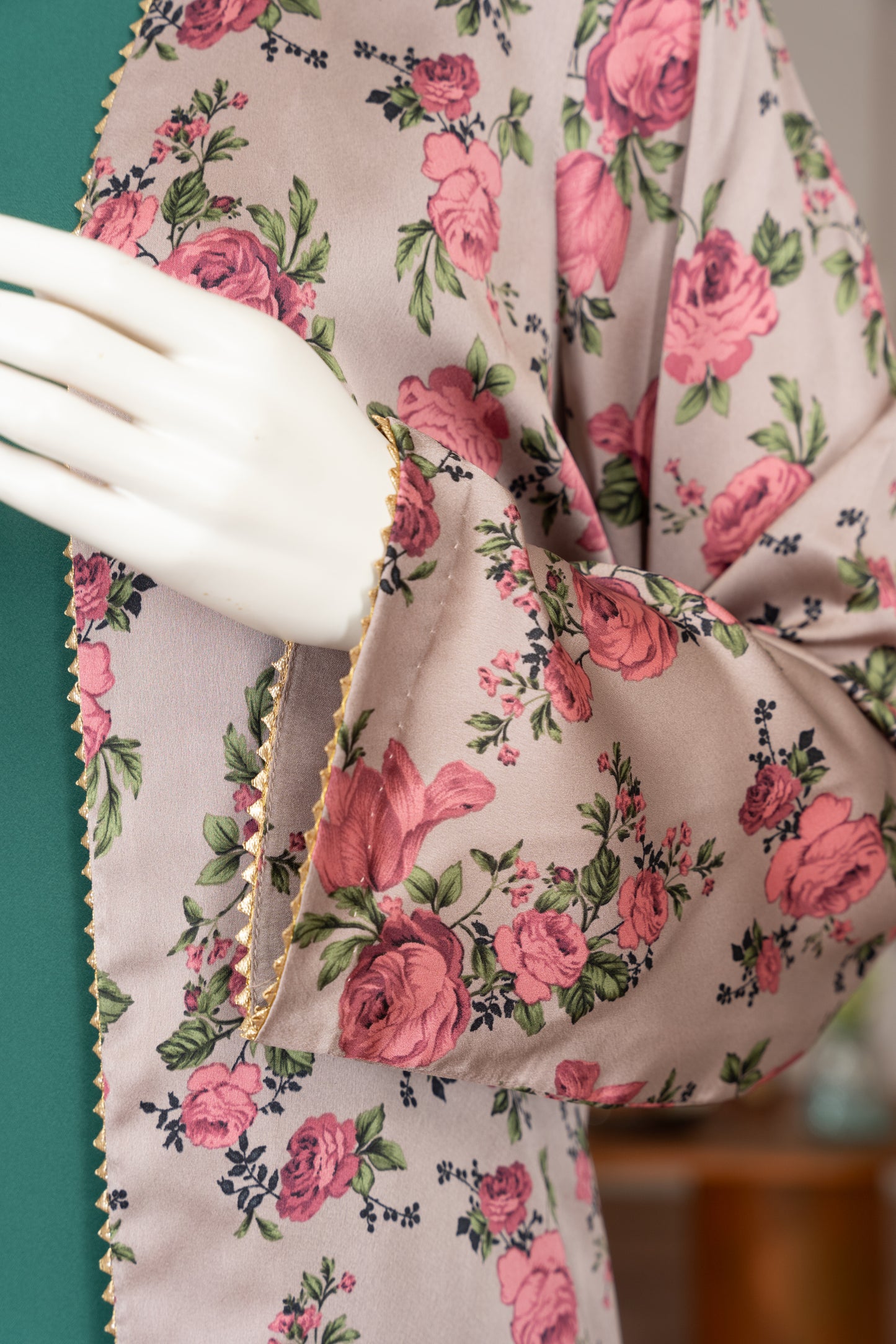 Green Georgette Dress with Silk Jacket - Close Up Half