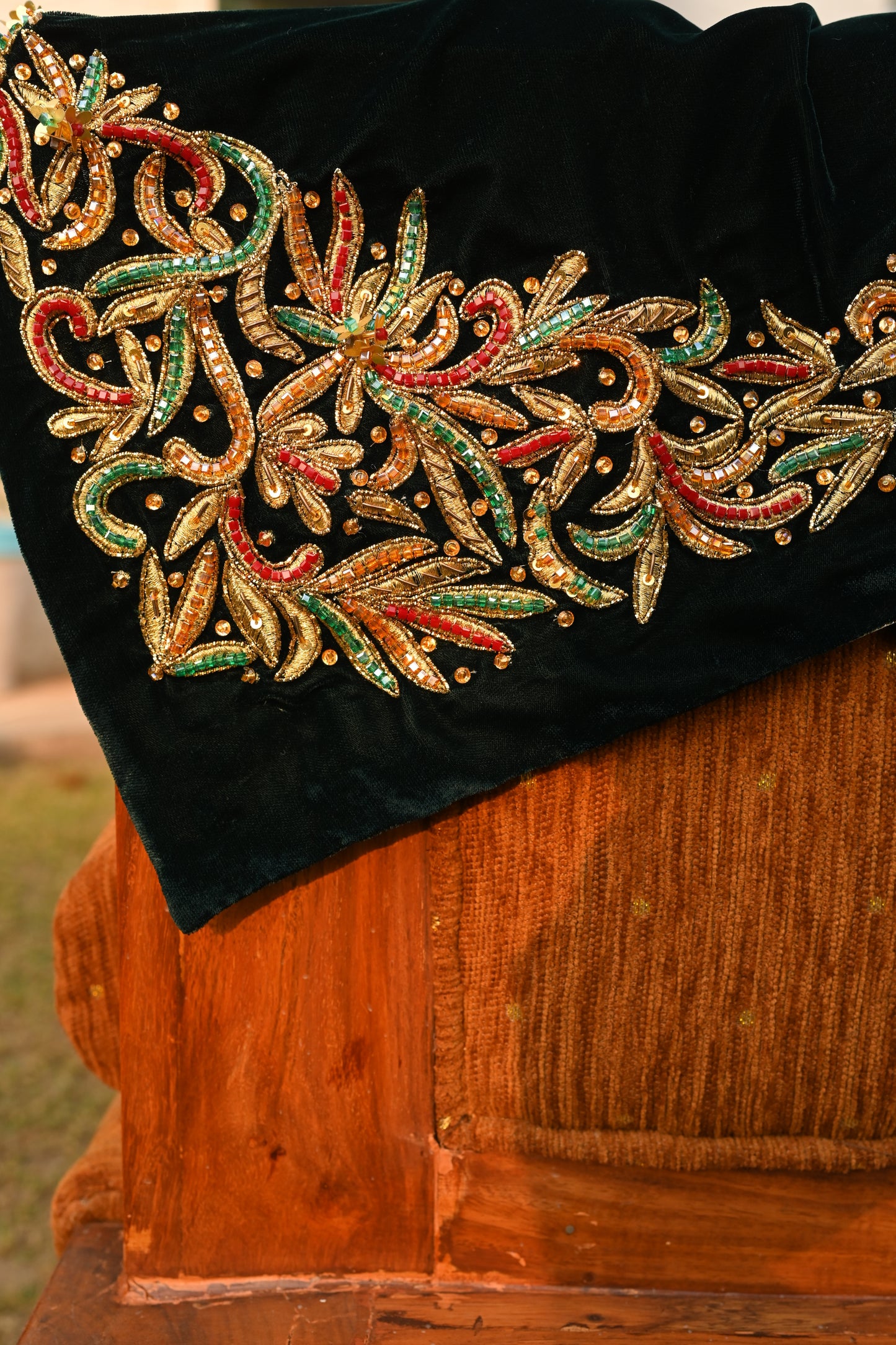 Green Micro Velvet Shawl Close Up Corner