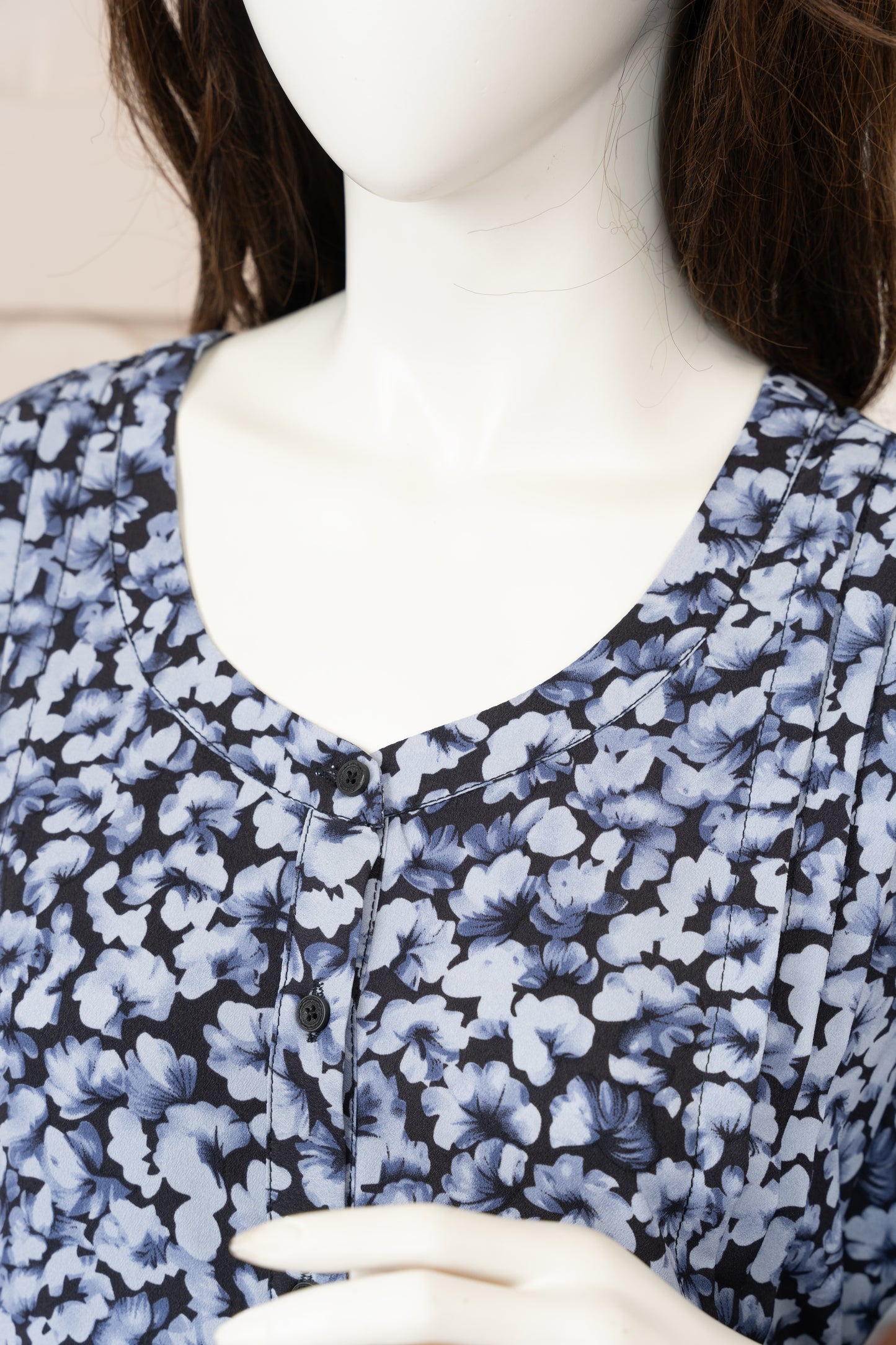 Grey Blue Printed Georgette Dress - Close Up Neck