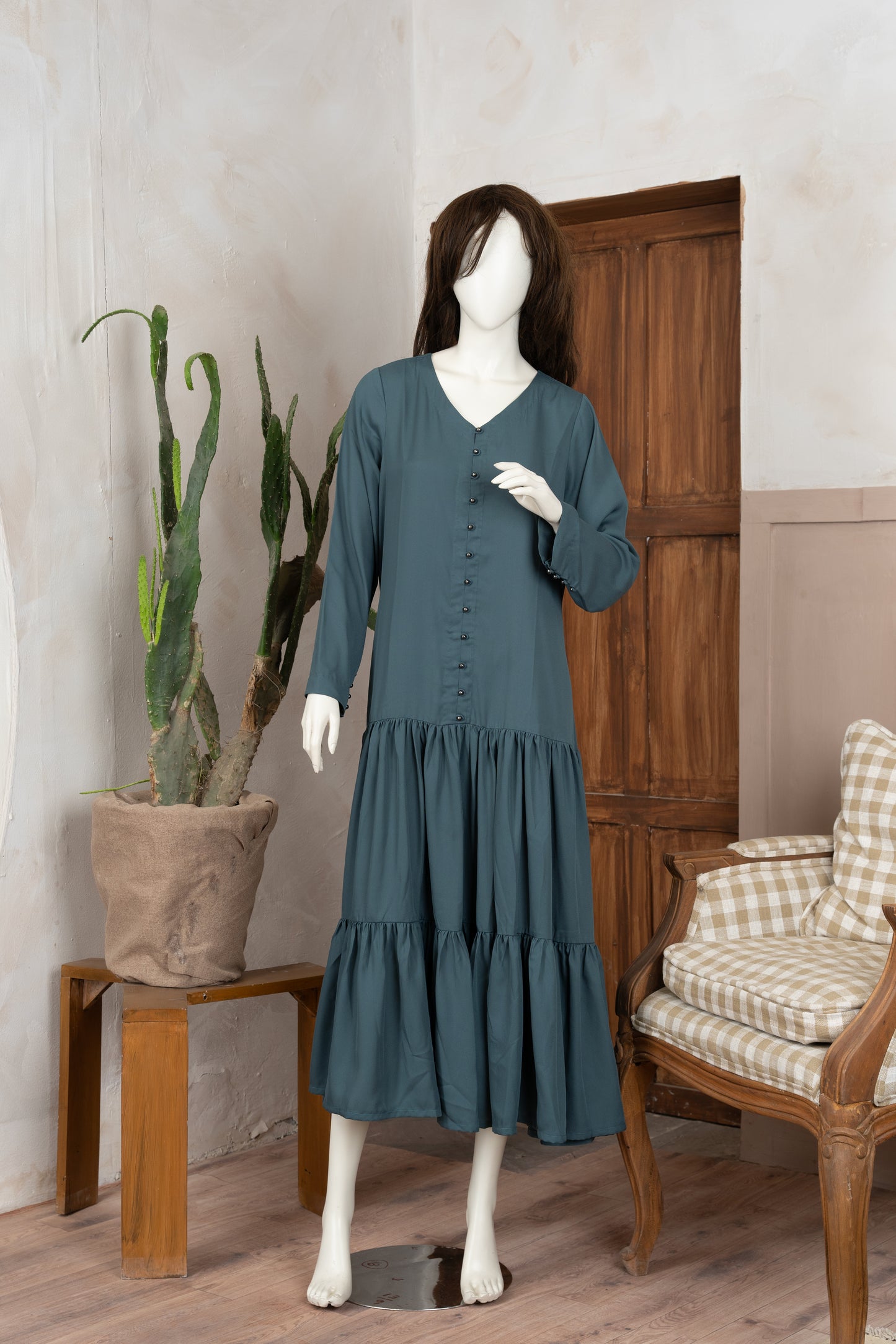 Greyish Green Georgette Dress - Front Pose