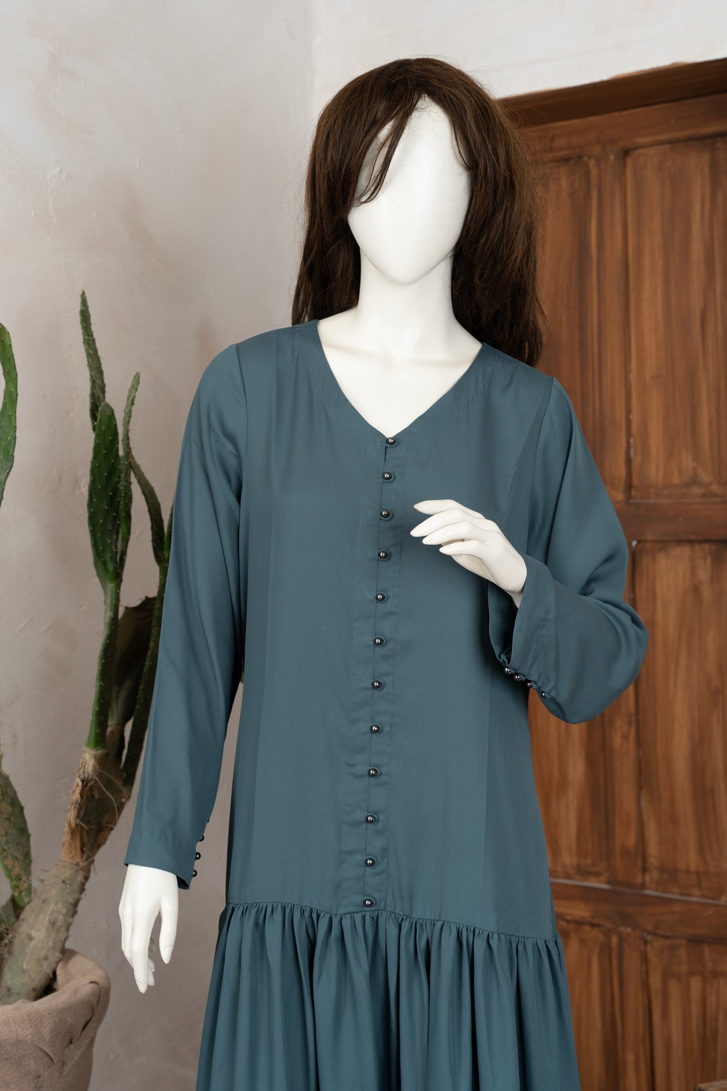 Greyish Green Georgette Dress - Close Up Three Quarter