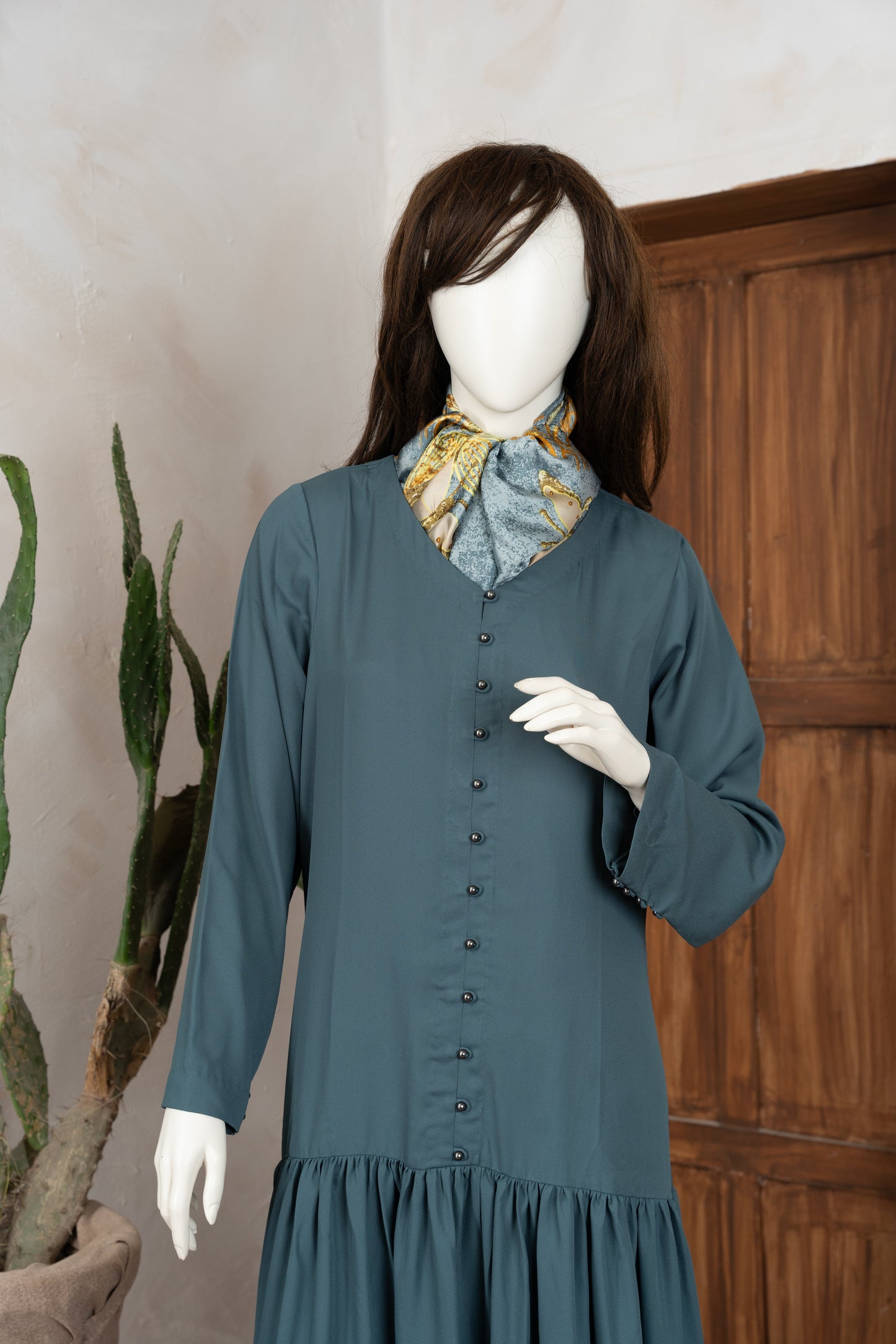 Greyish Green Georgette Dress with Scarf - Close Up Three Quarter