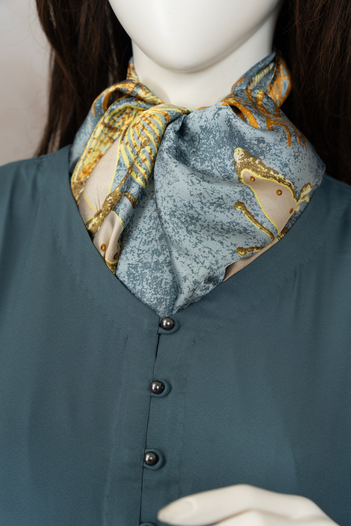 Greyish Green Georgette Dress with Scarf - Close Up Neck