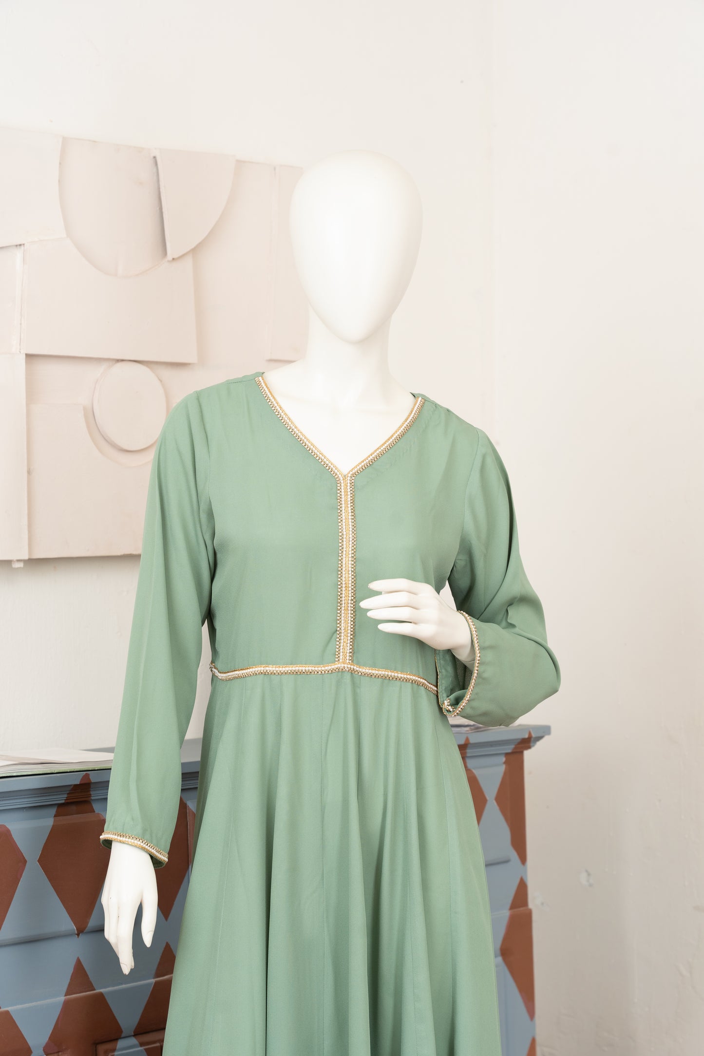 Light Sage Georgette Dress - Close Up Three Quarter