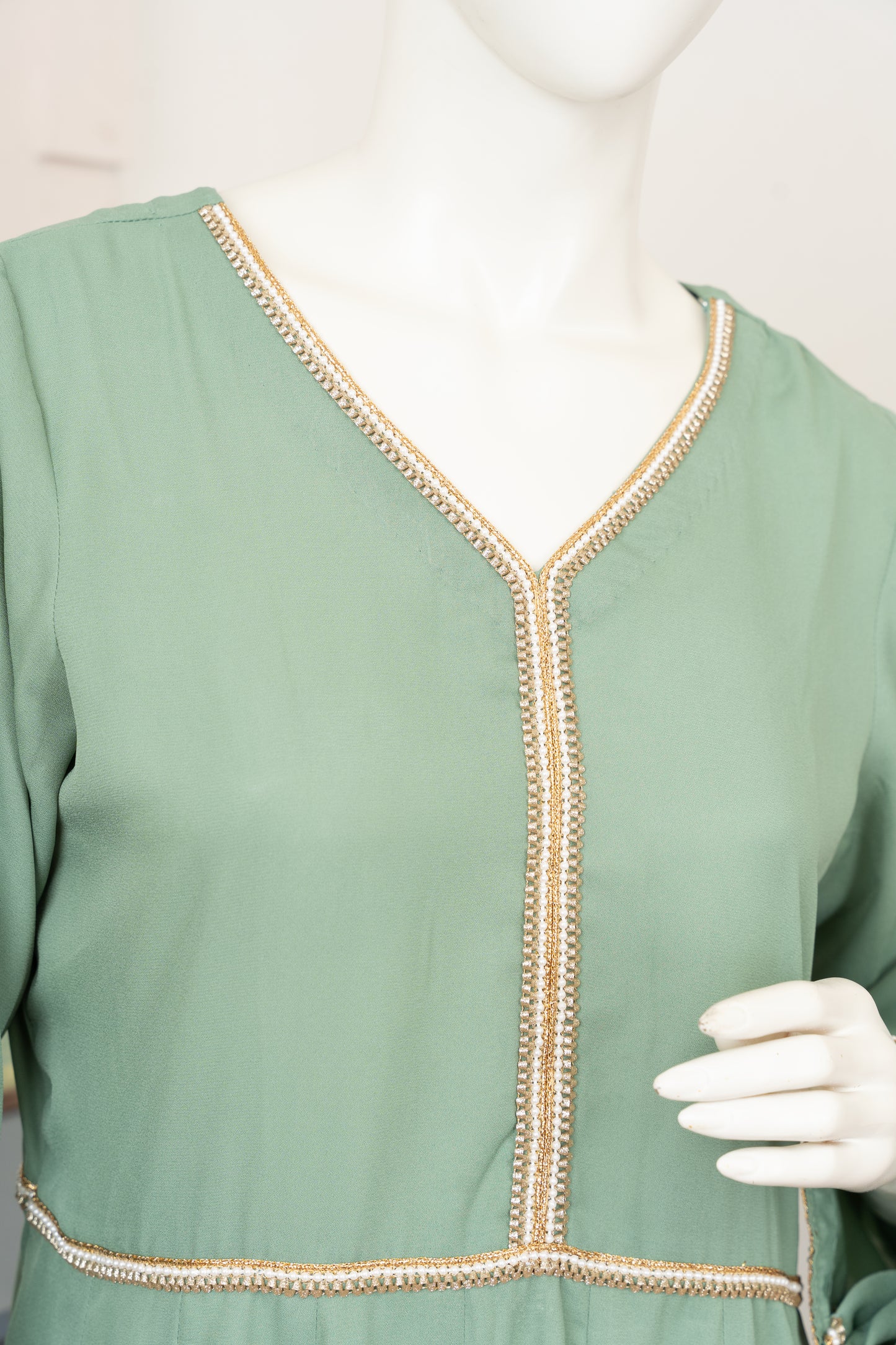 Light Sage Georgette Dress - Close Up Neck