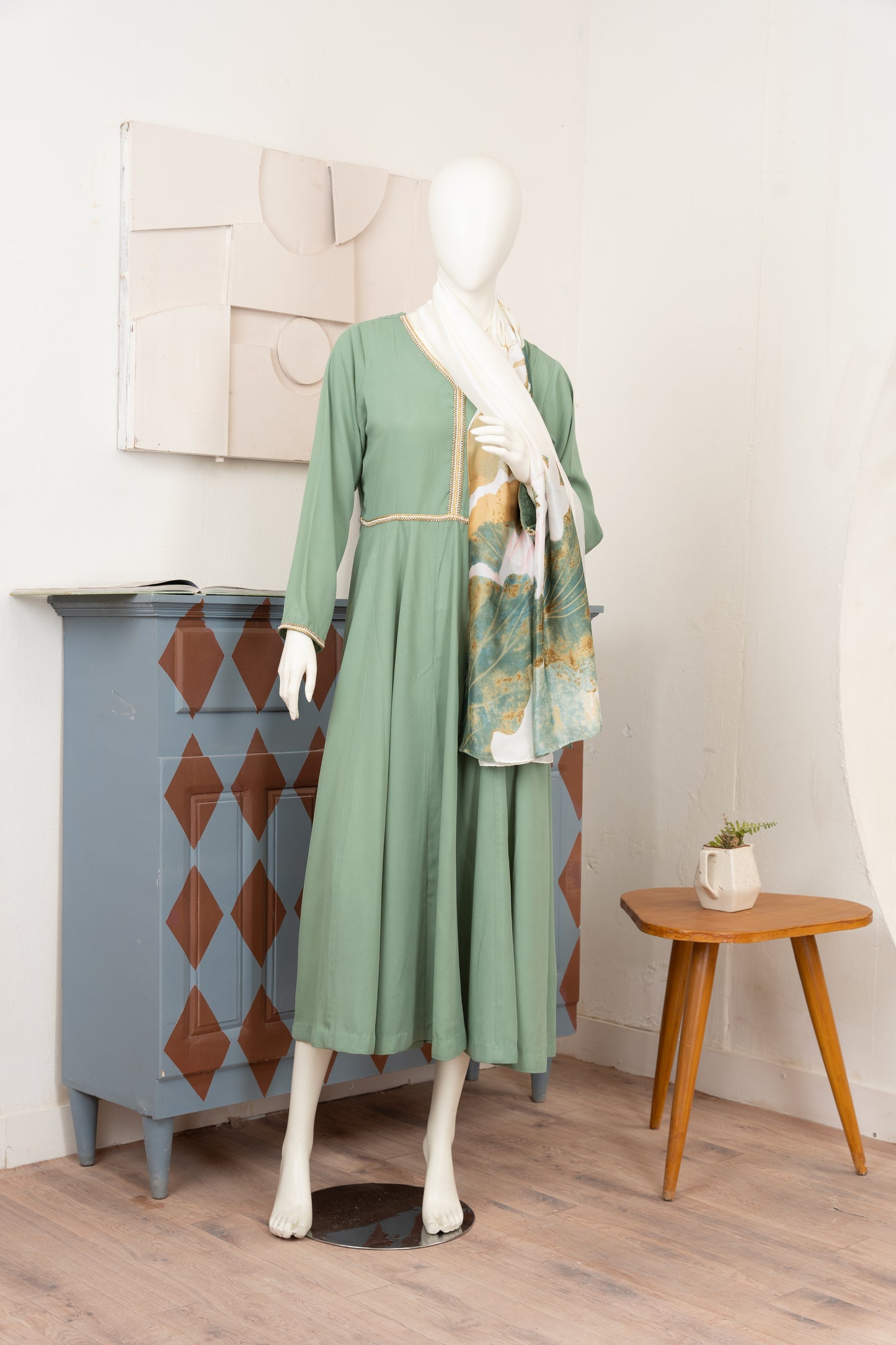 Light Sage Georgette Dress with Scarf - Close Up Front Pose