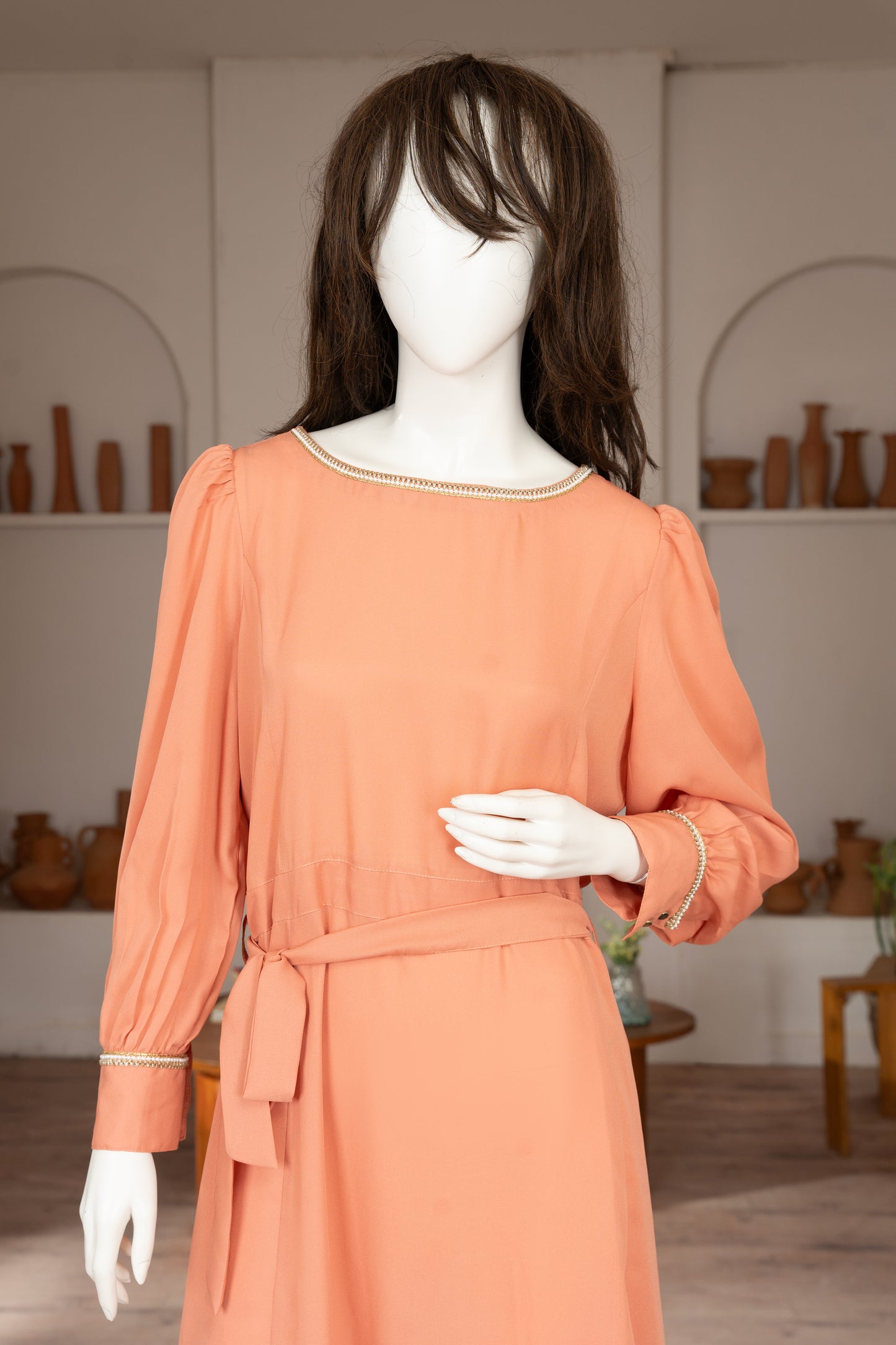 Peach Georgette Dress - Close Up Three Quarter