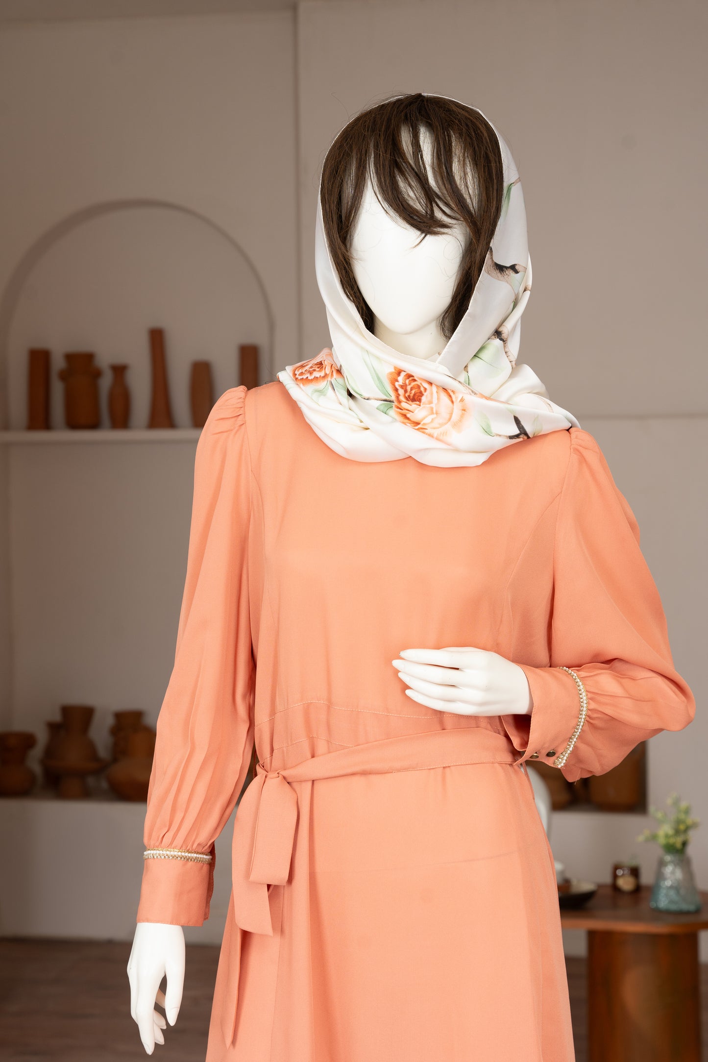Peach Georgette Dress with Scarf - Close Up Three Quarter