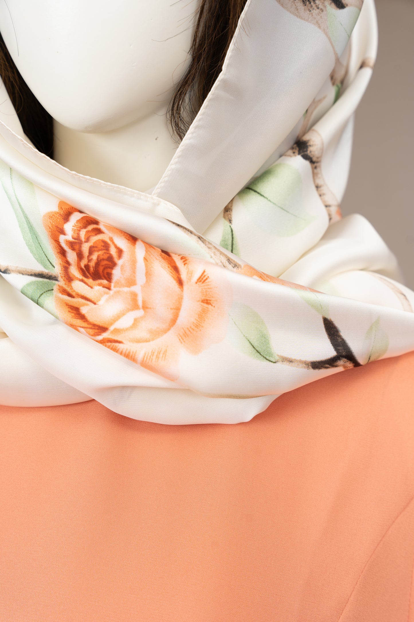 Peach Georgette Dress with Scarf - Close Up Neck