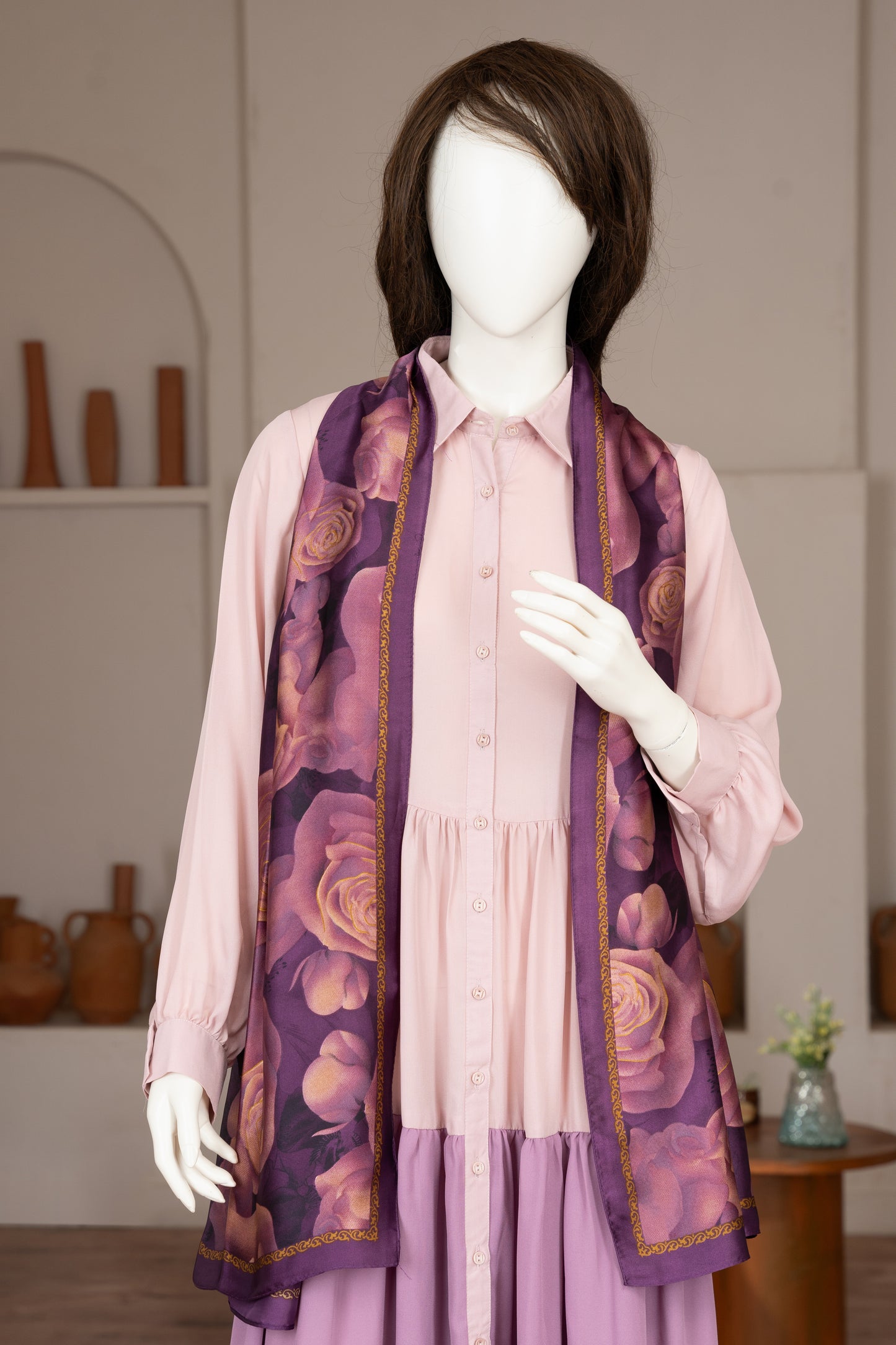 Purple Georgette Dress with scarf - Close Up Upper Half