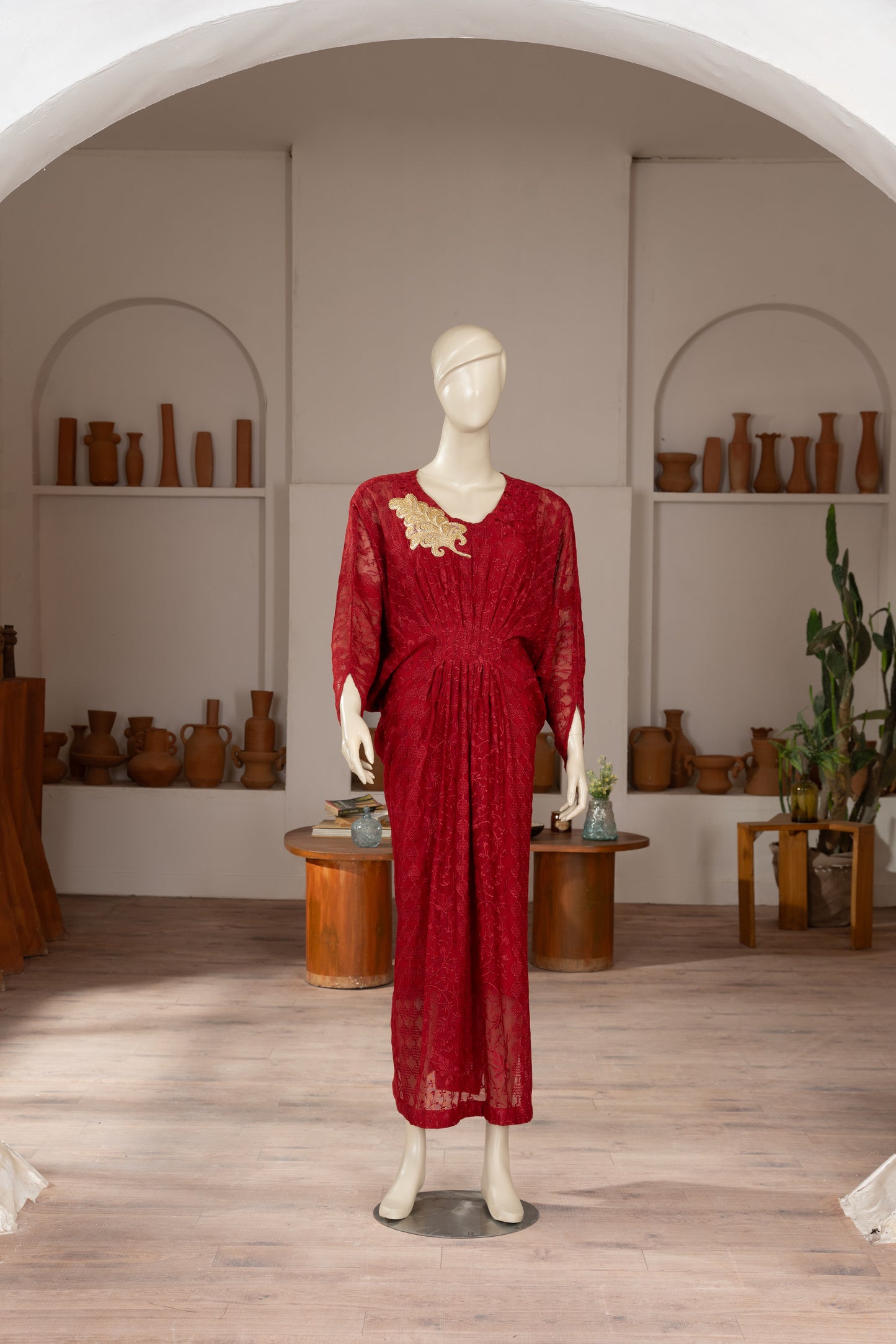 Red Embroidered Cotton Net Kaftan - Front Pose Full