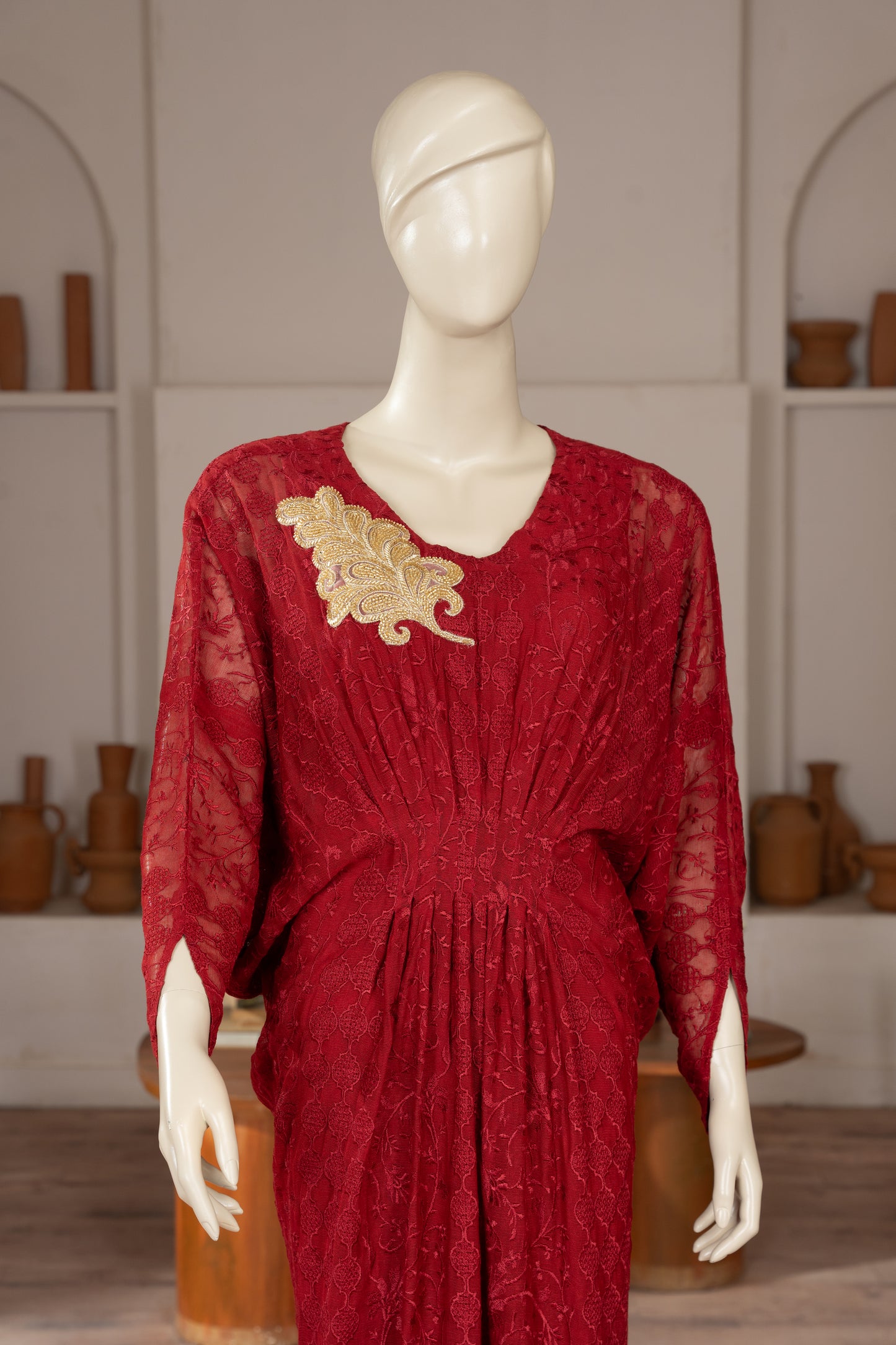 Red Embroidered Cotton Net Kaftan - Close Up Upper Half