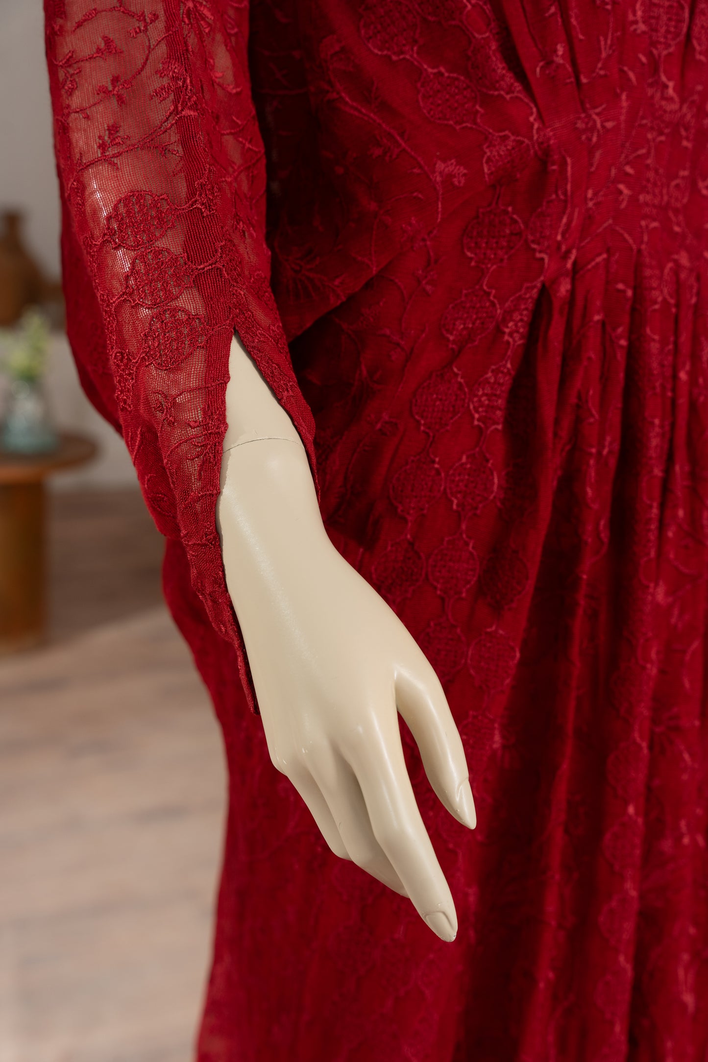 Red Embroidered Cotton Net Kaftan - Close Up Rigth Sleeve