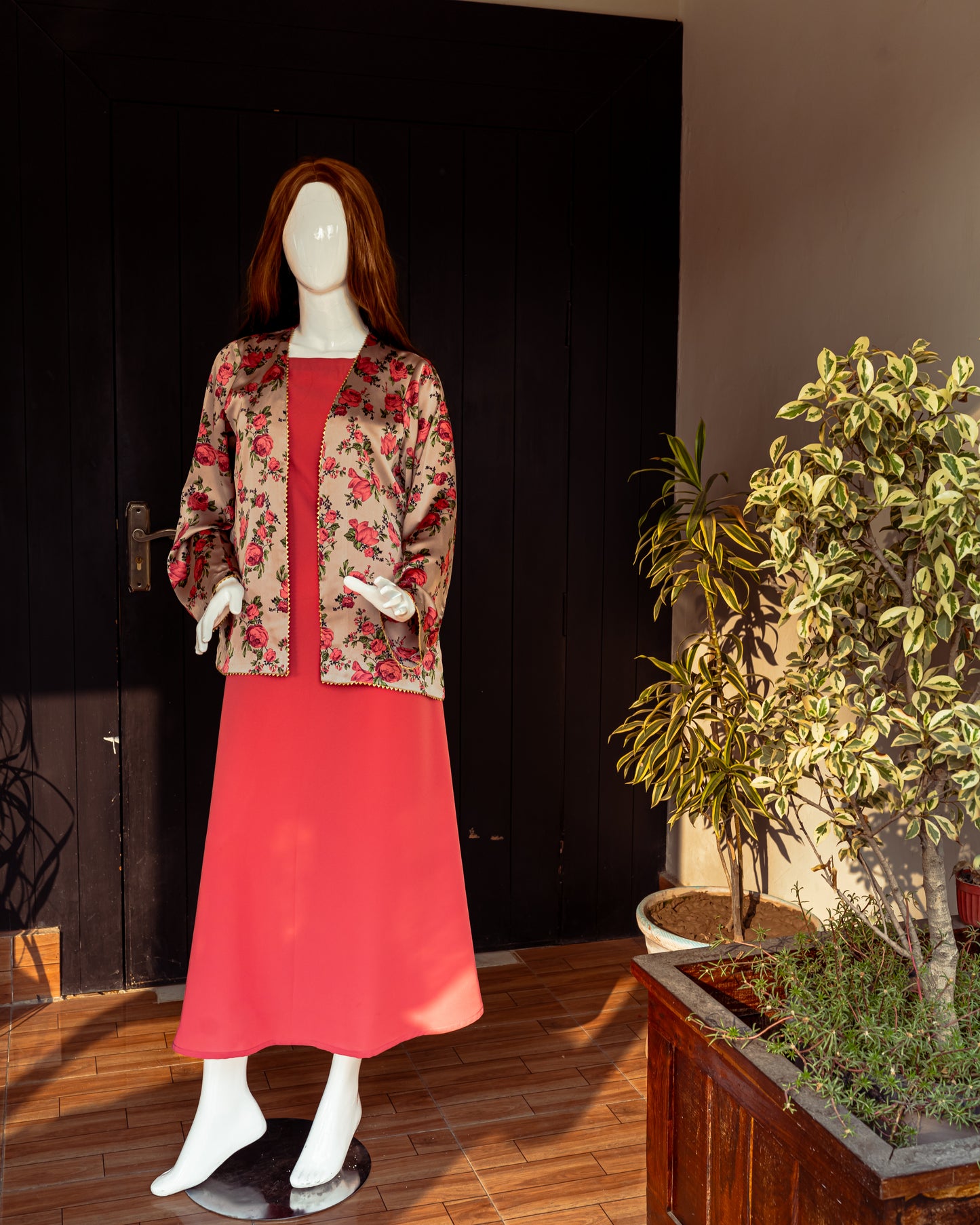 Red Georgette Dress with Silk Jacket - Front Pose Full