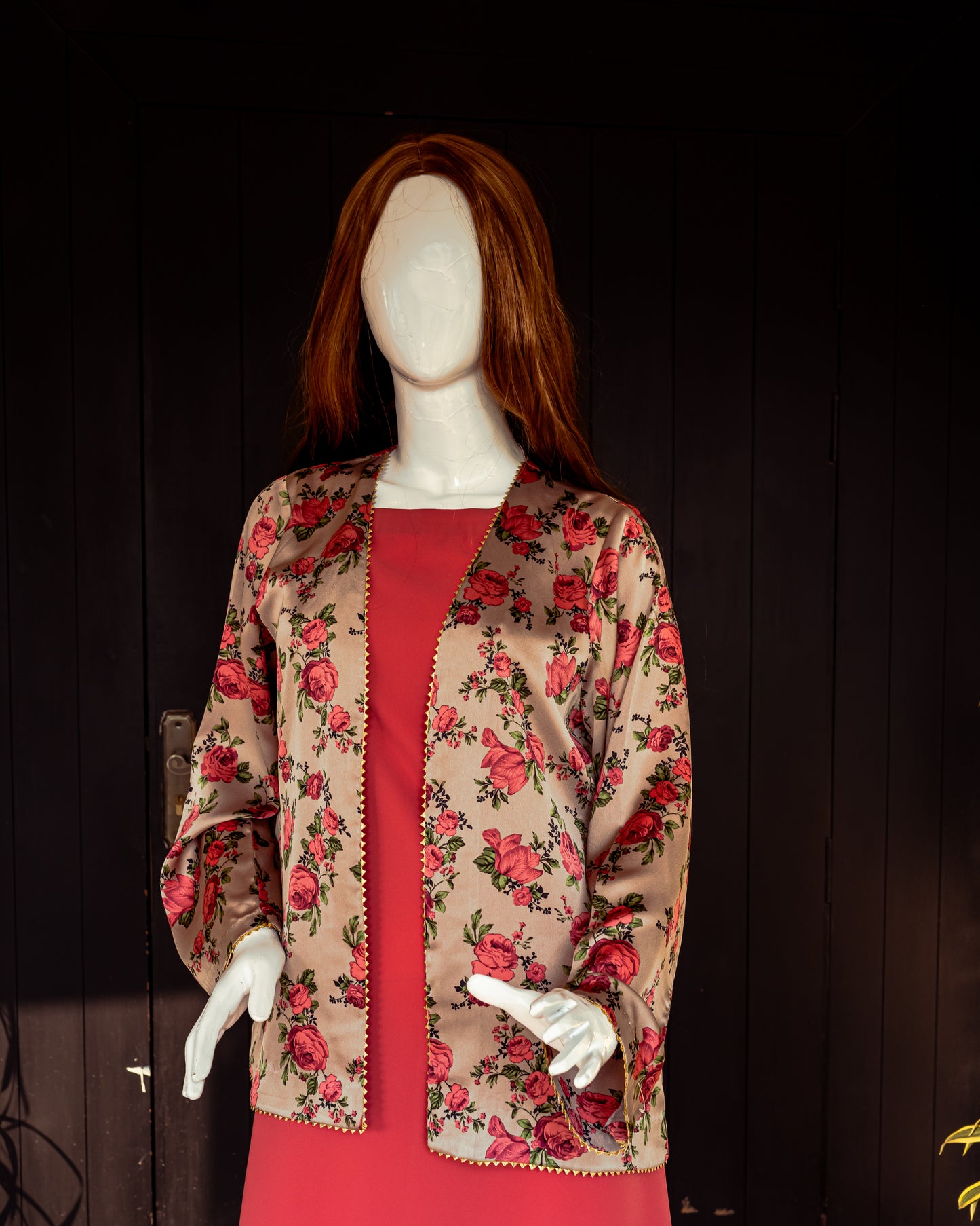 Red Georgette Dress with Silk Jacket - Front Pose Half