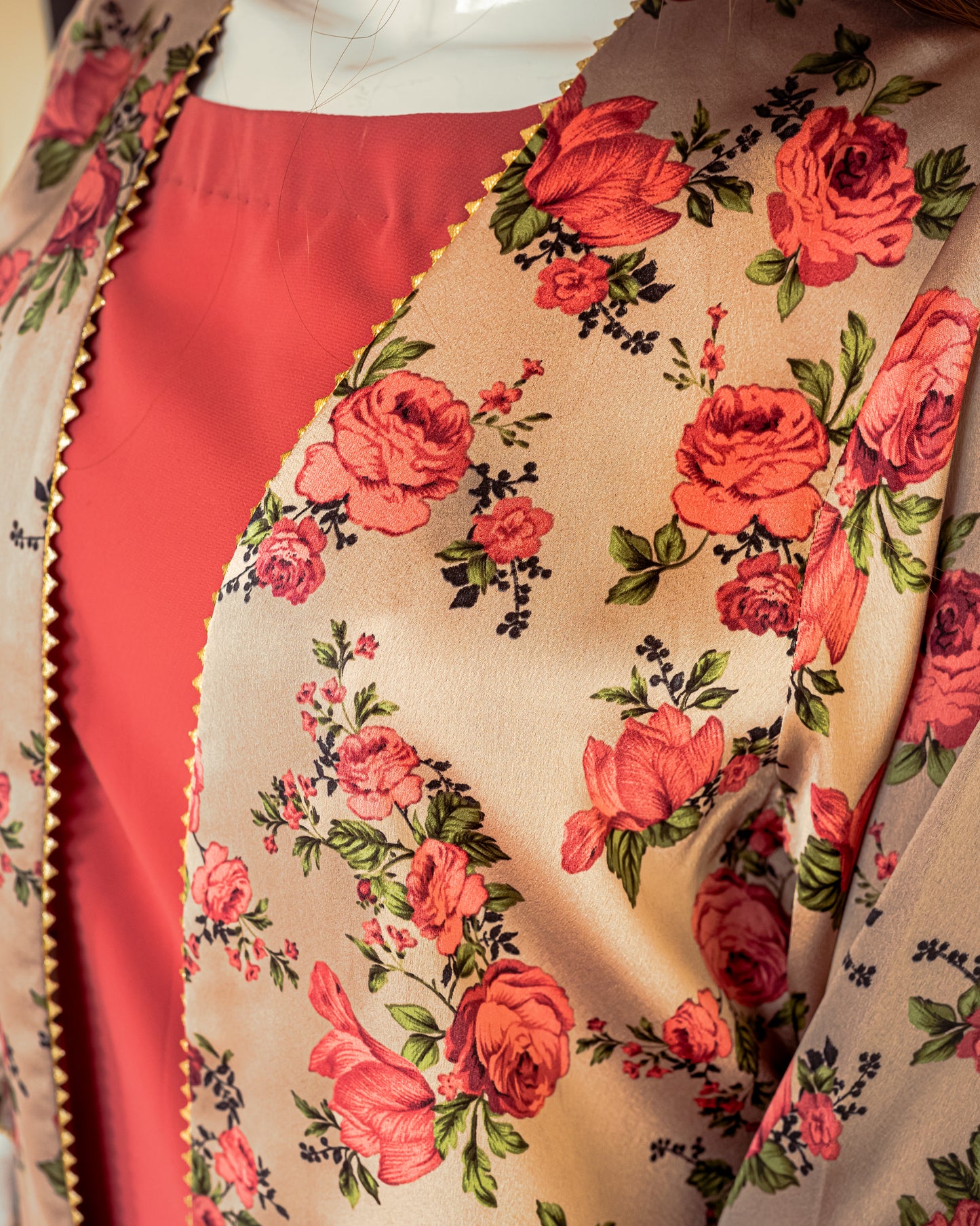 Red Georgette Dress with Silk Jacket - Close Up Upper