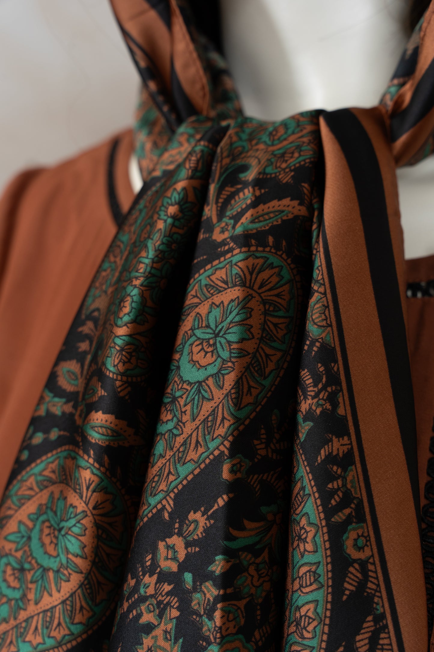 Rust Georgette Dress with Scarf - Close Up Neck