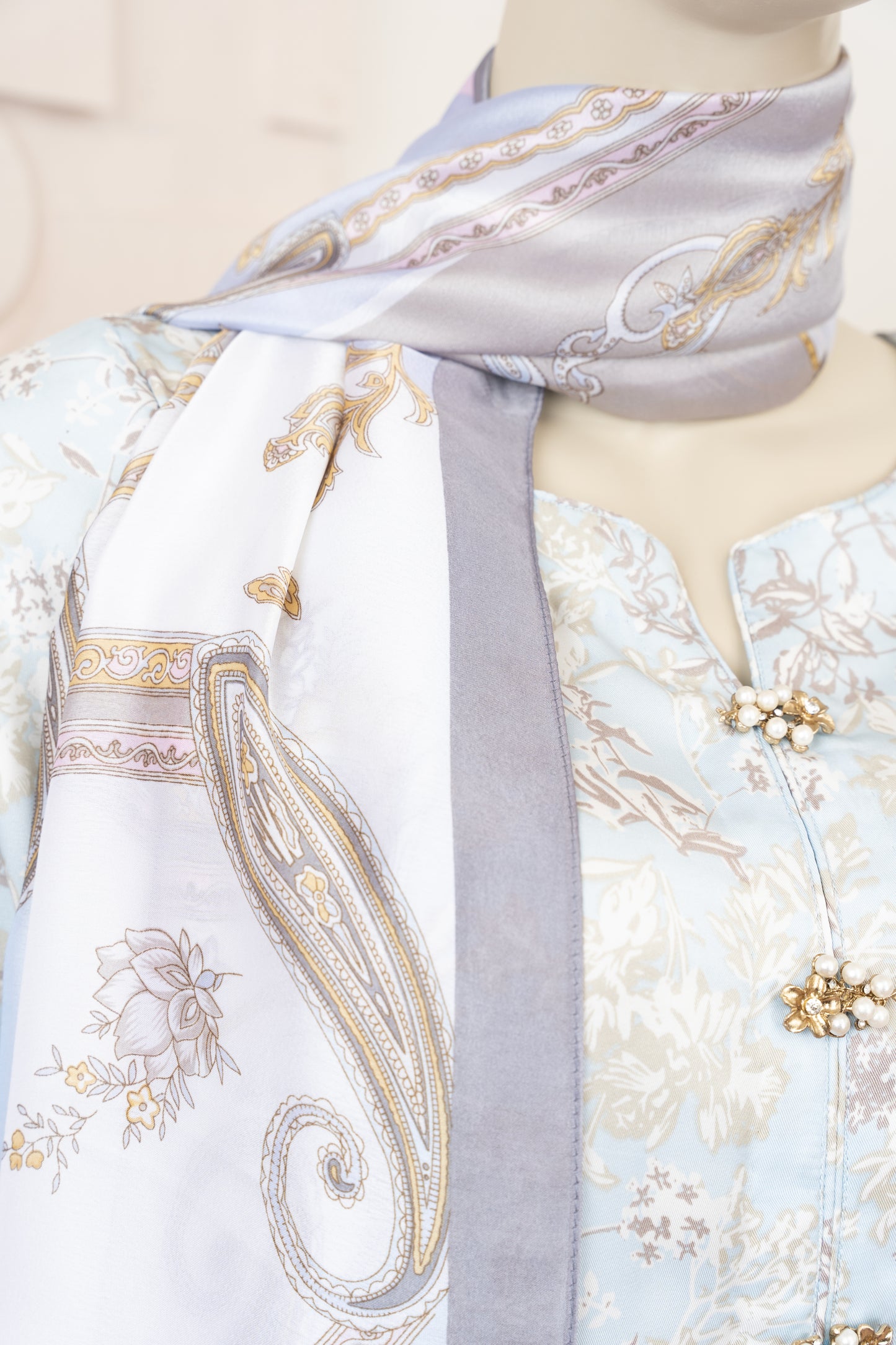Sky Blue Printed Silk Suit - Close Up Right