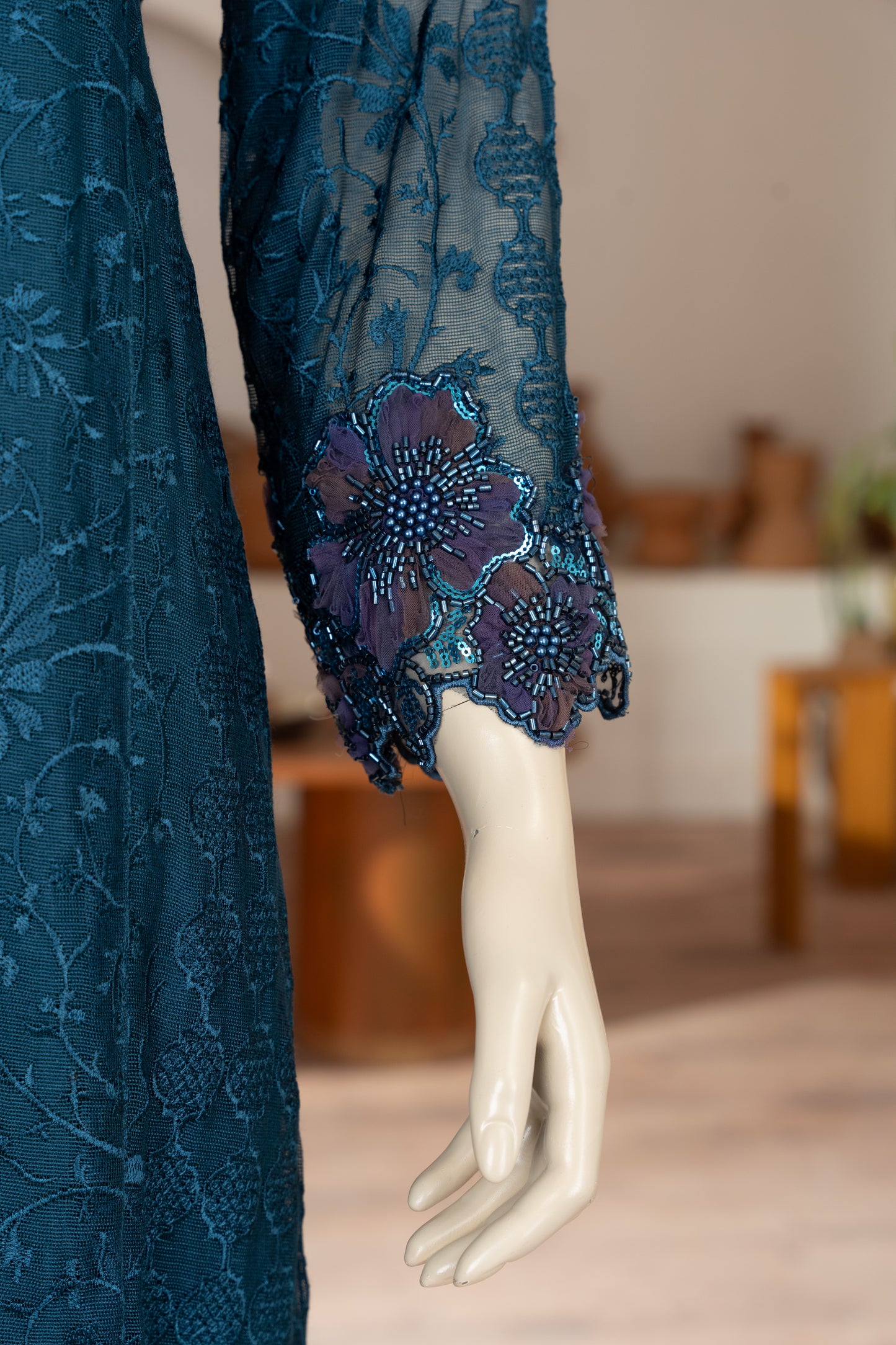 Teal Blue Embroidered Cotton Net Suit - Close Up Sleeve