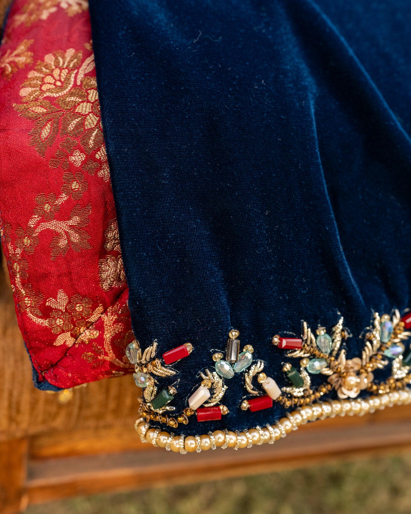 Teal Blue Micro Velvet Shawl - Close Up Three