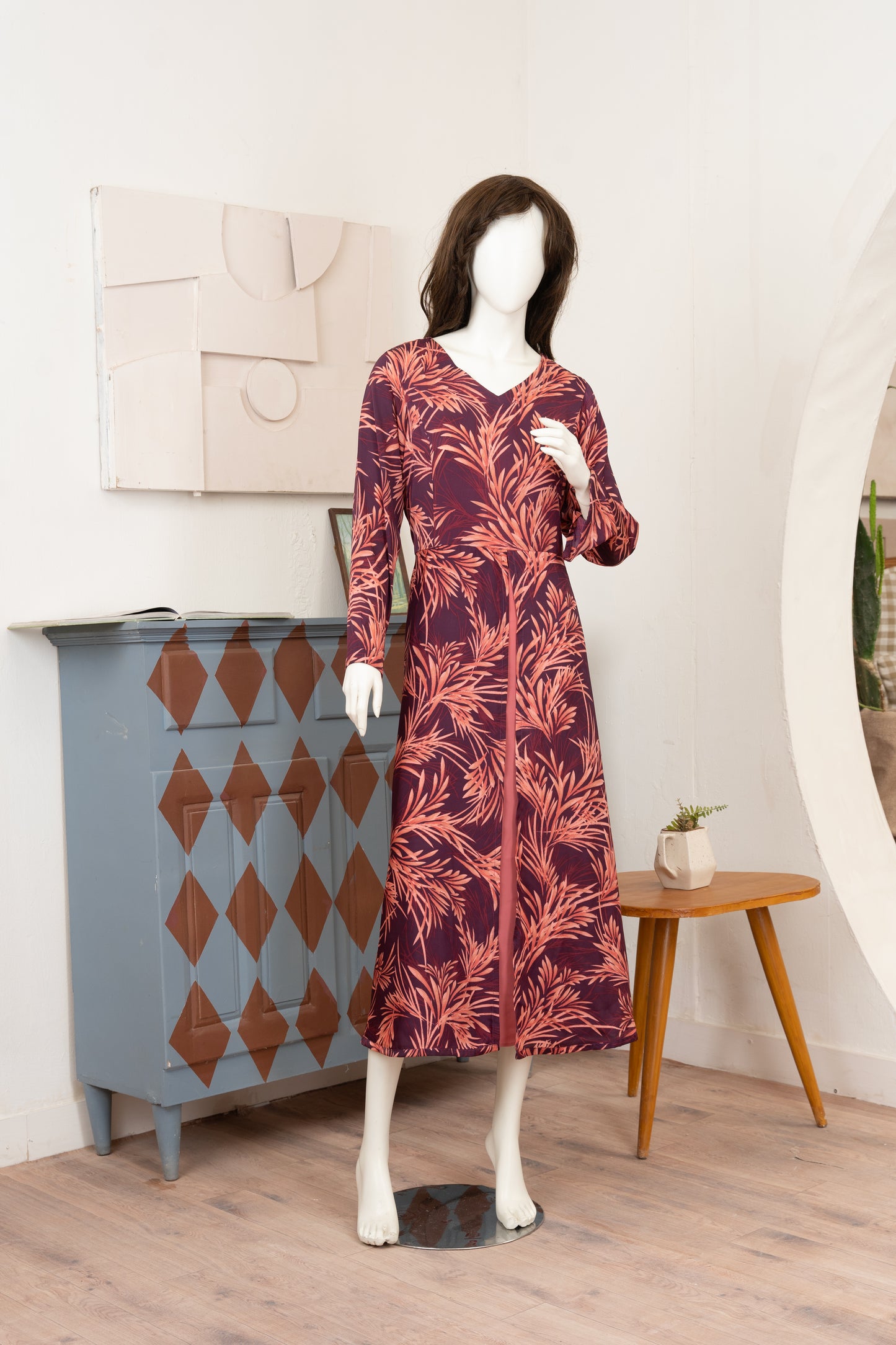 Wine Printed Georgette Dress - Front Pose
