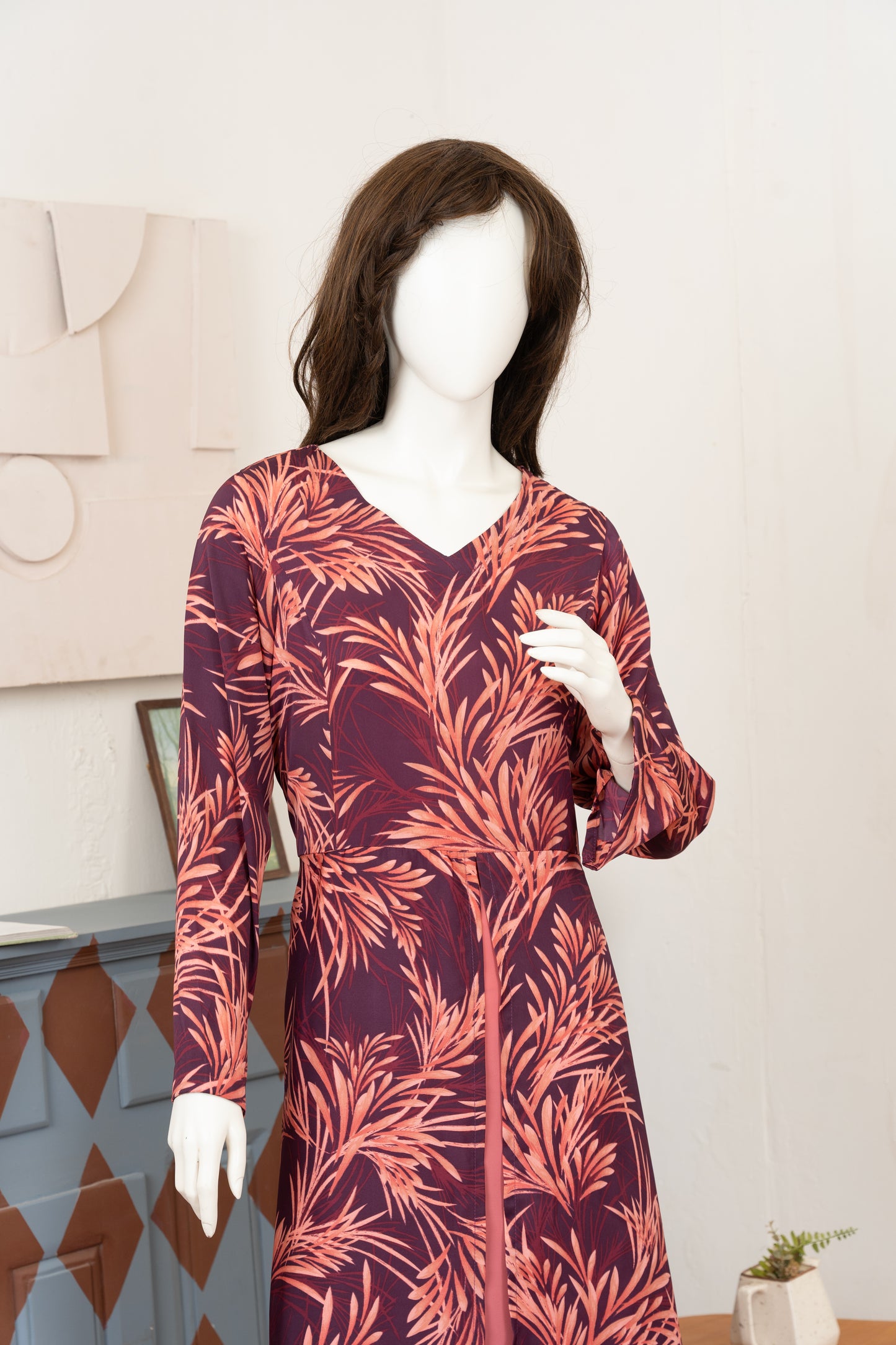 Wine Printed Georgette Dress - Close Up Three Quarter
