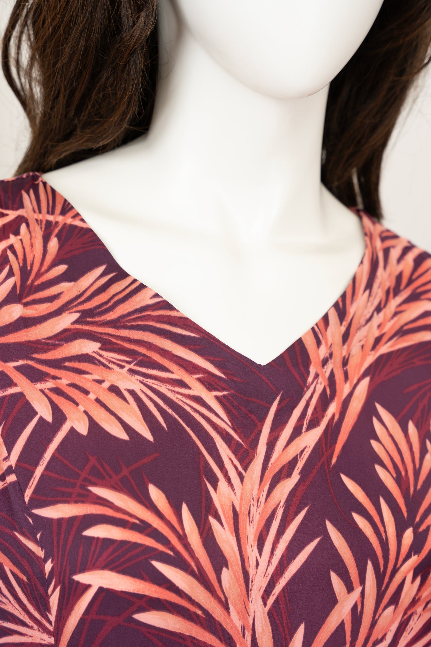 Wine Printed Georgette Dress - Close Up Neck