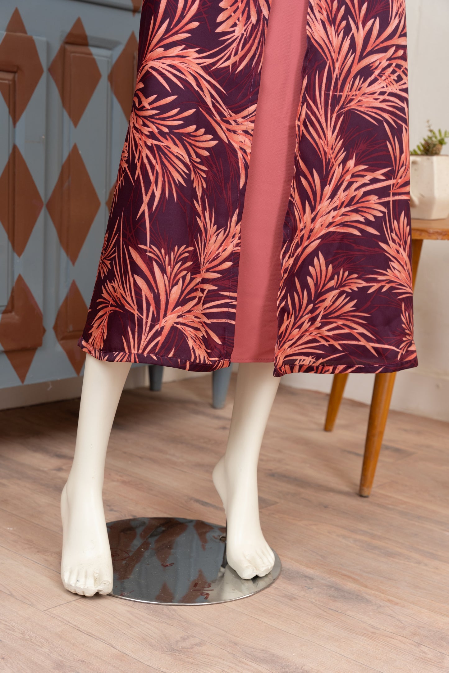 Wine Printed Georgette Dress - Close Up Lower Half