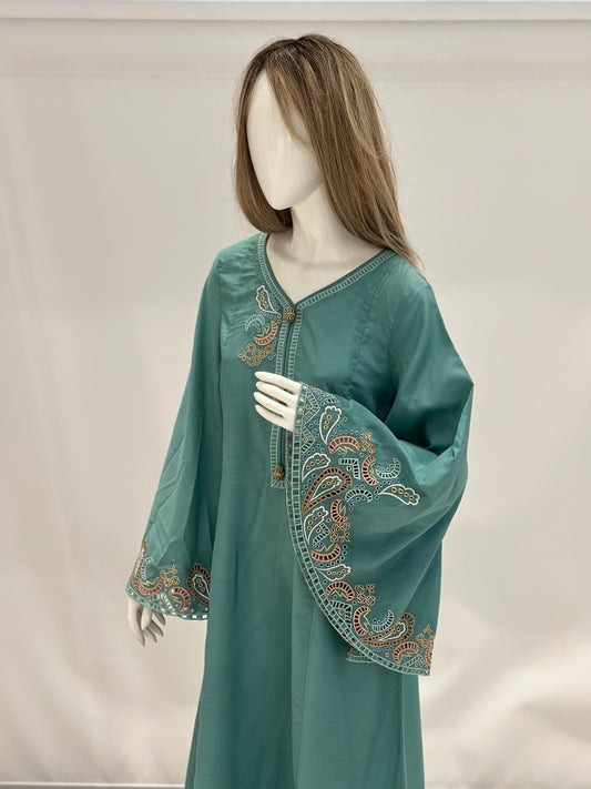 Sea Green Long Dress Embroidered Sleeves