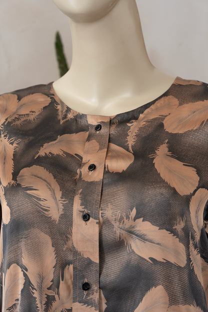 Beige and Charcoal Silk Shirt - Close Up Neck
