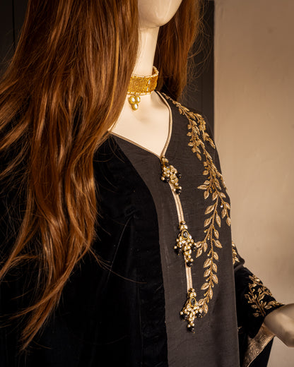 Black Silk Suit Close Up Neck Embroidary